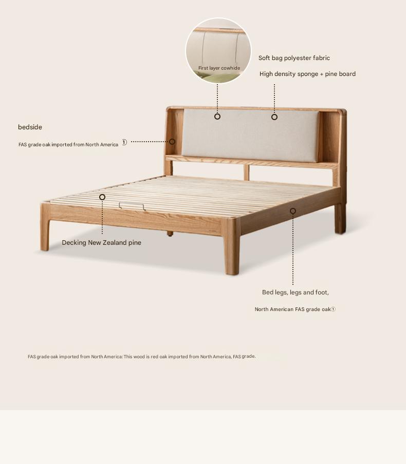 Solid Oak Wood Leather & Fabric Luminous Bed with Shelf - Modern Platform Bed Frame with Storage for Bedroom, Guest Room, or Dorm