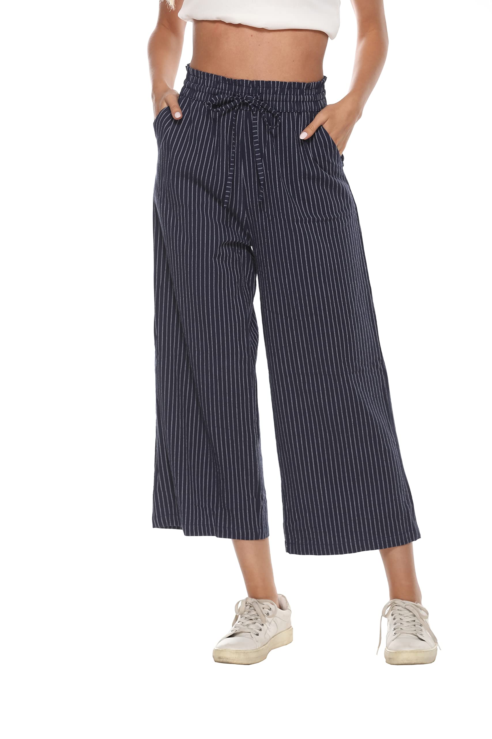 Women's Linen Pants Wide Leg High Waisted Drawstring Casual Loose Trousers with Pockets - Summer Boho Beachwear & Lounge Comfort Outfit