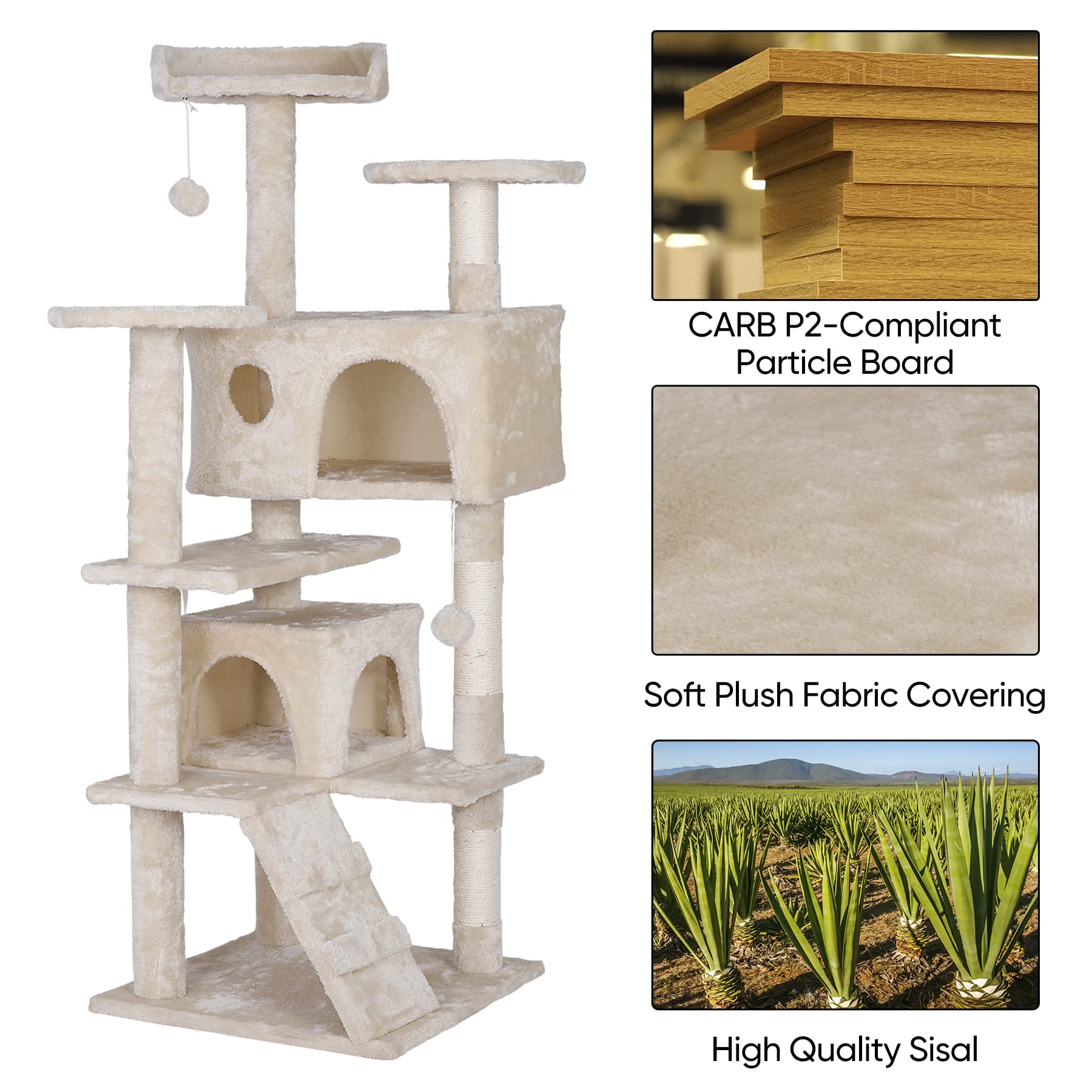 Premium 55-Inch Cat Tree with Sisal Scratching Posts & 2 Cozy Plush Condos - Durable Cat Furniture for Kittens & Adult Cats - Perfect for Indoor Play, Climbing & Relaxation in Home or Apartment