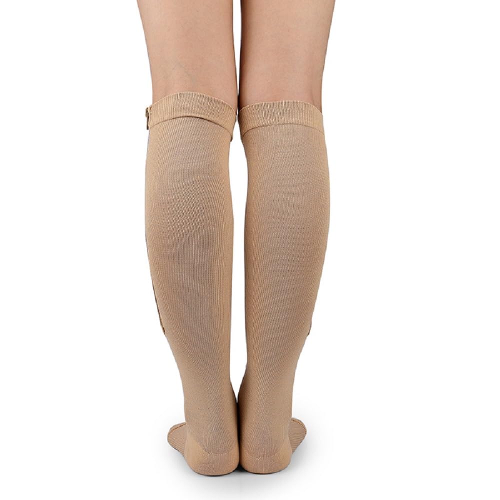Topwon Open-Toe Compression Socks for Women & Men - 2 Pairs Knee High Support Stockings with Zipper - Ideal for Running, Travel & Varicose Vein Relief