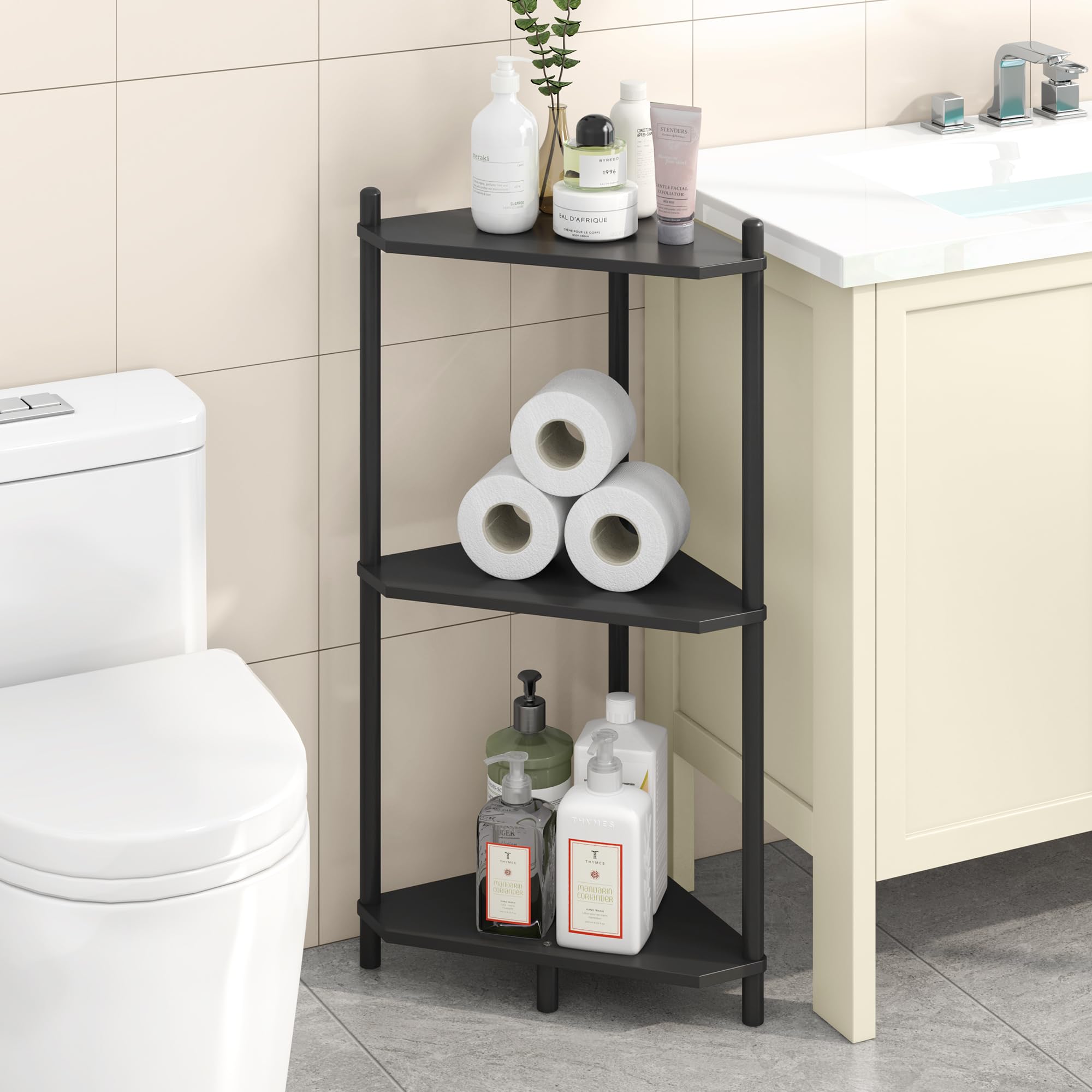 Wisuce 3-Tier Bamboo Corner Shelf Stand - Space-Saving Storage for Office, Kitchen, Bedroom & Living Room - Perfect for Books, Plants & Home Decor (Black) - Ideal for Small Spaces & Apartment Organization