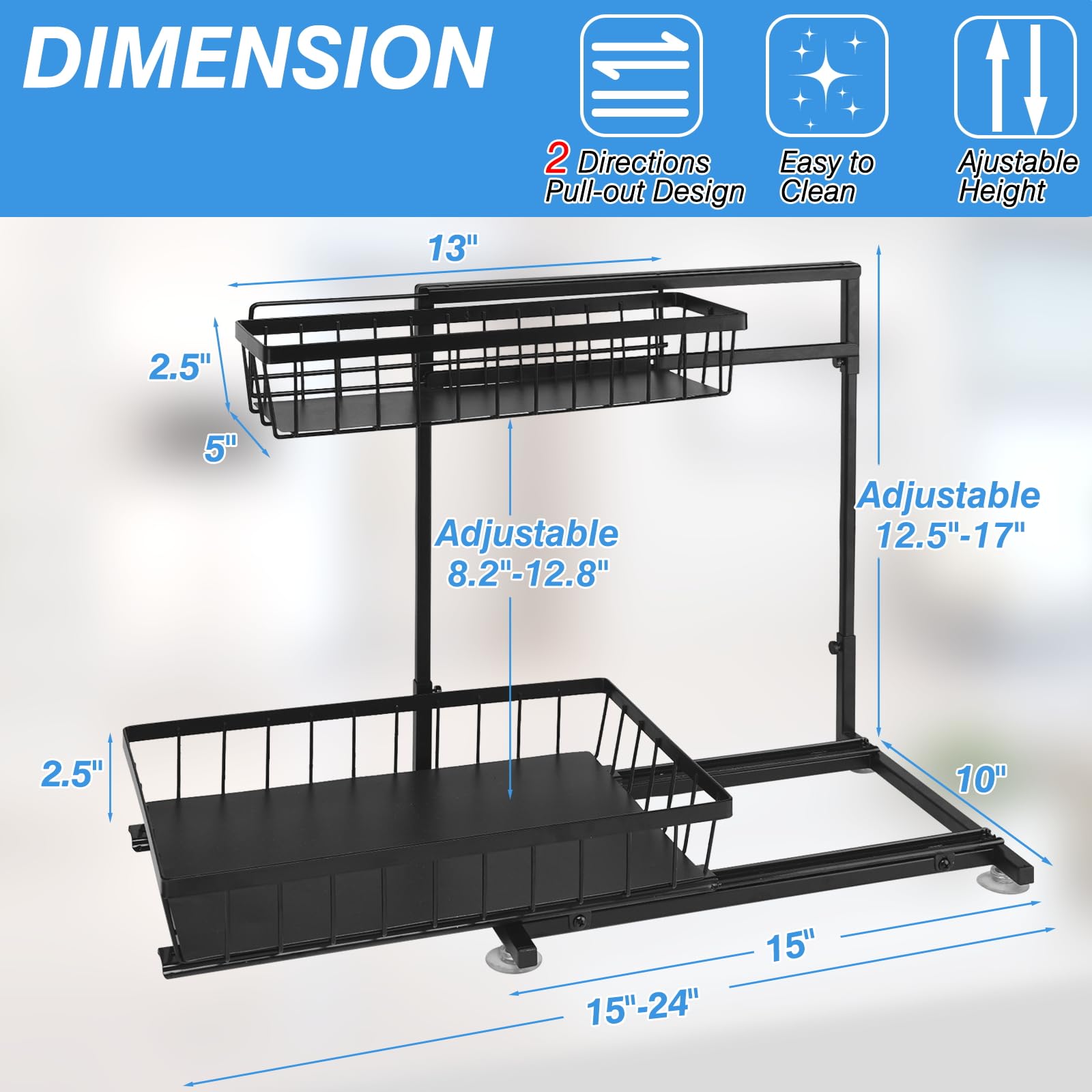 Haturi 2-Pack Under Sink Organizer with Alloy Ball Bearing Slides - Pull Out Kitchen Storage Drawer for Cabinets, Pantry & Bathroom - Durable Metal Shelf Organizer for Sponges, Cleaning Supplies & Toiletries