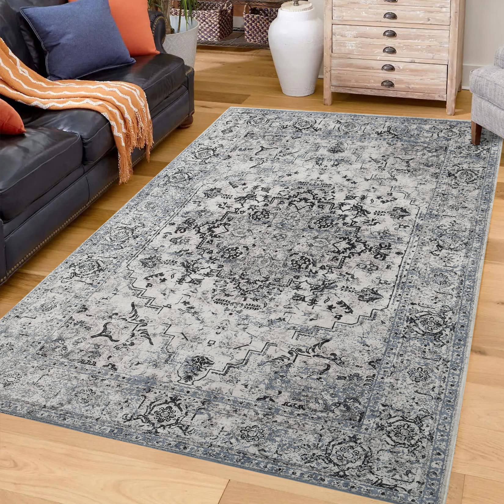 Vintage Persian Area Rug 4' x 6' - Distressed Boho Chic Carpet for Living Room, Bedroom, Office & Dorm Decor | Traditional Farmhouse Style Rug in Dark Gray & White | Perfect for Coffee Table, Dining Table & Home Decor