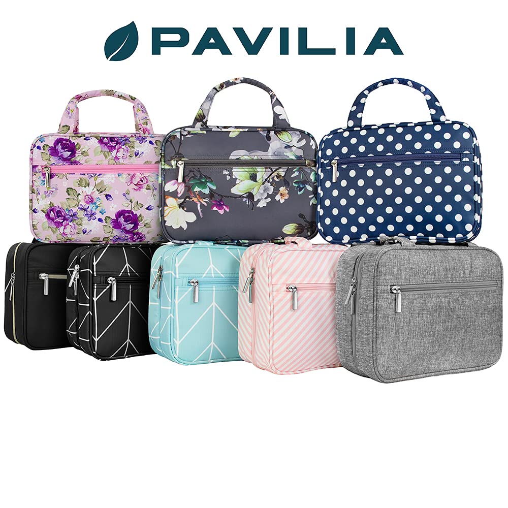 PAVILIA Hanging Toiletry Bag for Travel - Foldable Cosmetic Organizer & Roll Up Makeup Bag for Women & Men - Water Resistant Travel Accessories - Large Toiletries Kit (Black Chevron) - Perfect for Camping, Gym, Business Trips & Vacation Essentials