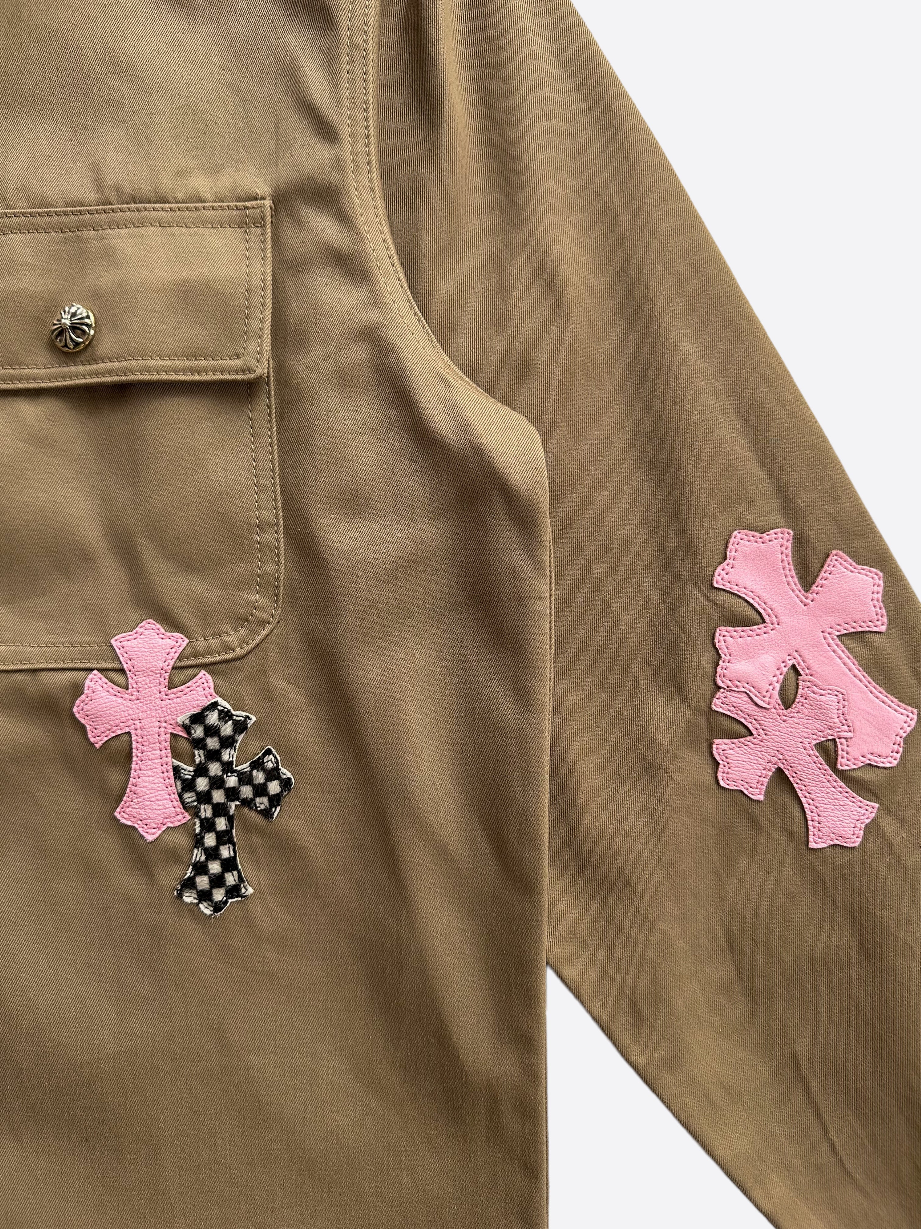 Chrome Hearts Tan Pink & Checkered Cross Patchwork Dog Jacket - Stylish Punk Pet Apparel for Small to Medium Dogs - Perfect for Outdoor Adventures & Fashionable Streetwear