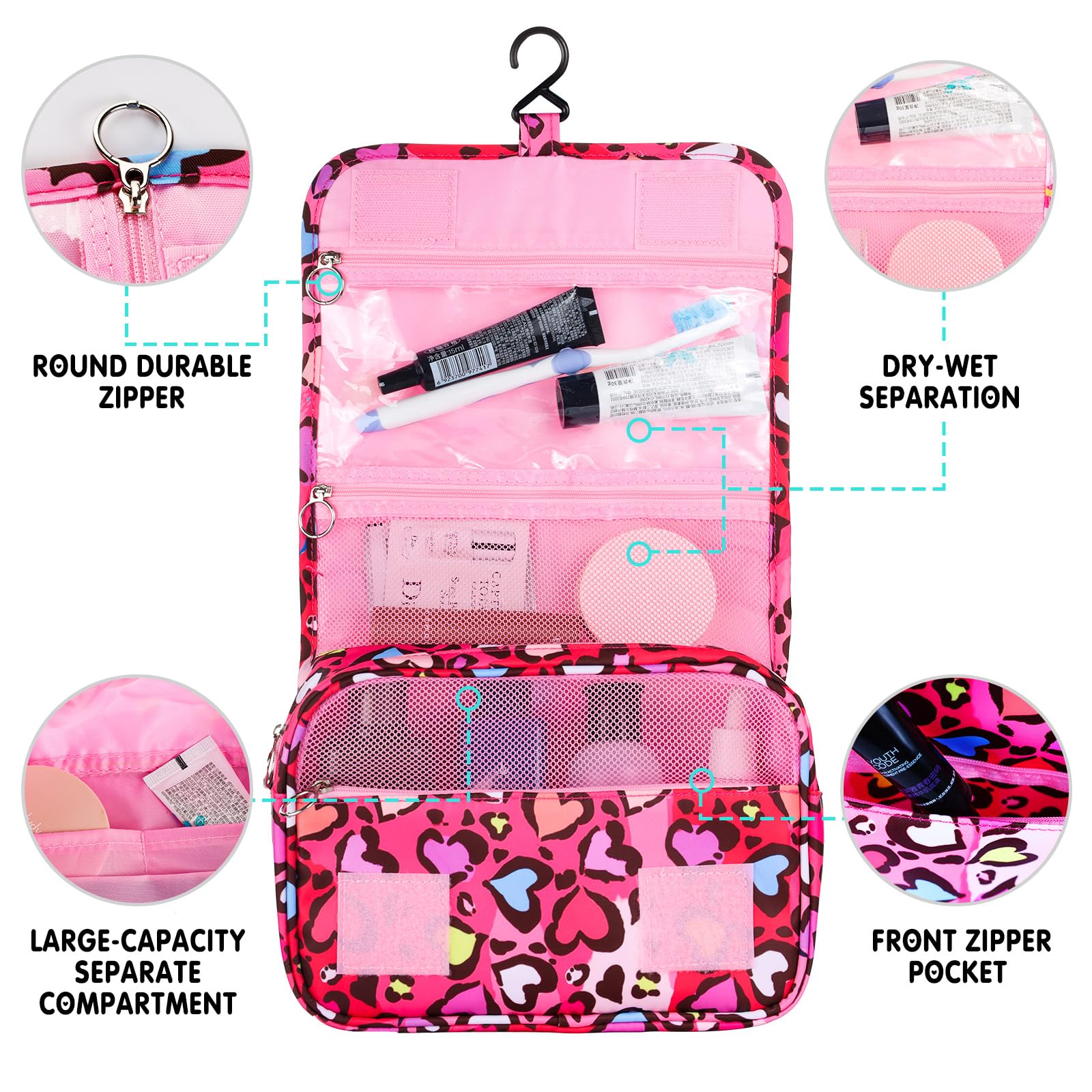 Waterproof Kids Hanging Toiletry Bag for Girls - Travel Cosmetic Makeup Wash Bag for Toddlers & Little Girls (Leopard Red) - Perfect for School Trips, Sleepovers & Family Vacations
