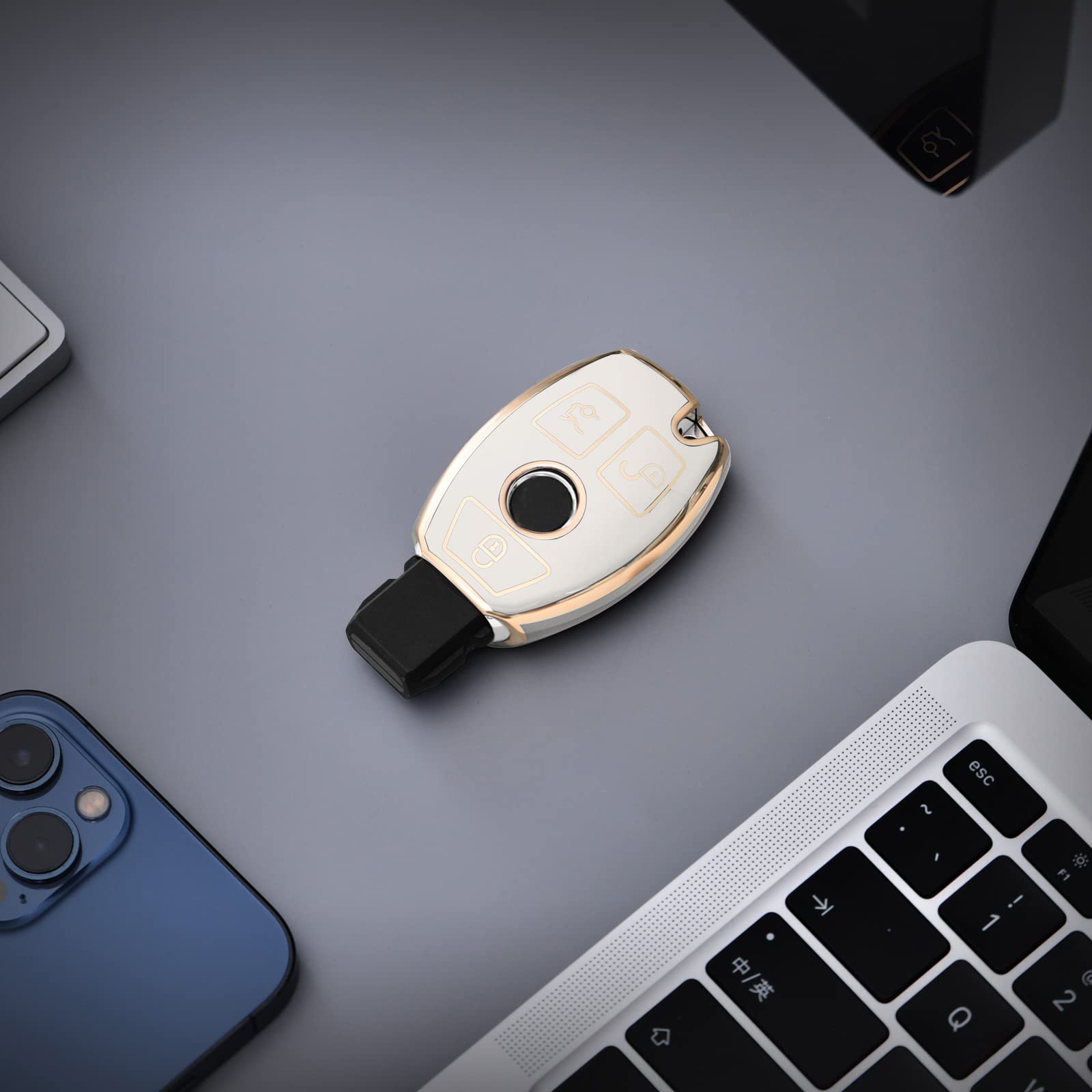 Premium Soft TPU Key Fob Cover for Mercedes Benz C/E/S/M/CLS/CLK/G Class - Gold Edge White Protective Case for Keyless Smart Key | Durable & Stylish Car Accessory for Everyday Use & Gift Giving