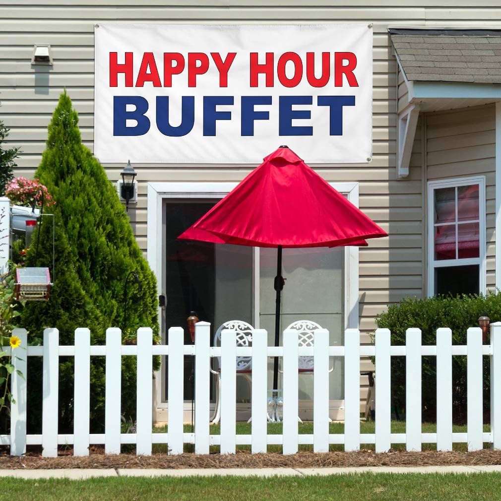 Happy Hour Buffet Vinyl Banner - 48x96 Inches, Weatherproof, 8 Grommets - Red & Blue Outdoor Business Sign for Restaurants, Bars & Events