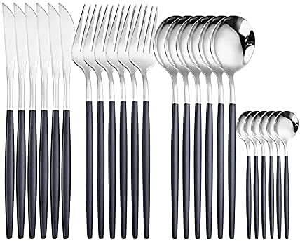 24-Piece Stainless Steel Rainbow Cutlery Set - Knives, Forks & Spoons for Kitchen & Dining | Elegant Black Silver Tableware for Dinner Parties, Restaurants & Home Use