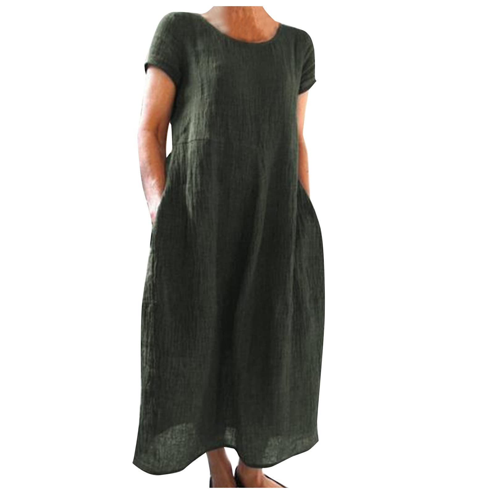 yuai Women's Summer Casual Dress - Solid Color O-Neck Short Sleeve Loose Fit Cotton Linen Pocket Dress (Army Green, XXXXL) - Perfect for Beach, Vacation, and Everyday Wear