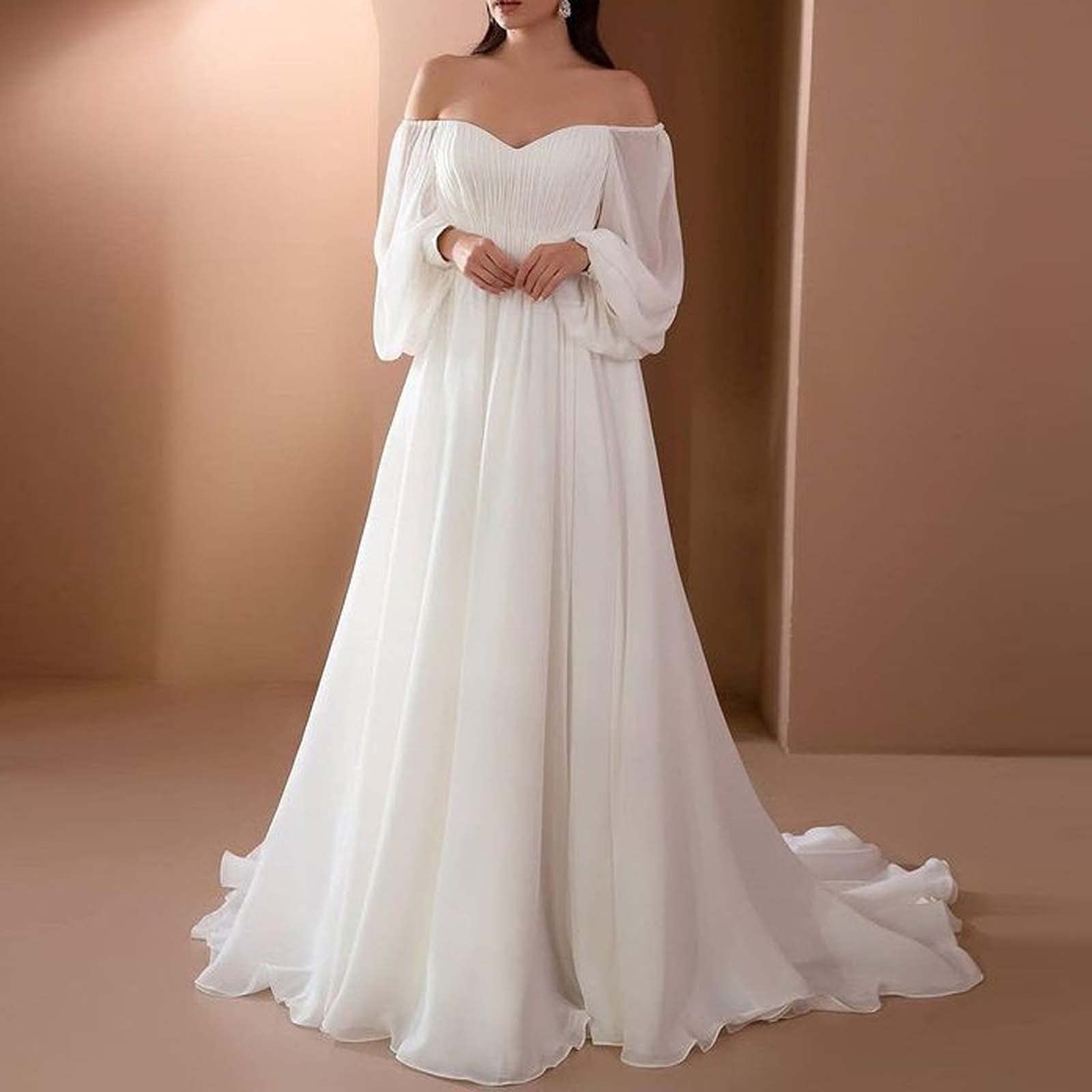 Elegant White Maxi Wedding Dress for Women - Empire Waist, Backless, Off Shoulder Long Gown | Perfect for Beach Weddings, Vow Renewals, and Formal Evening Events