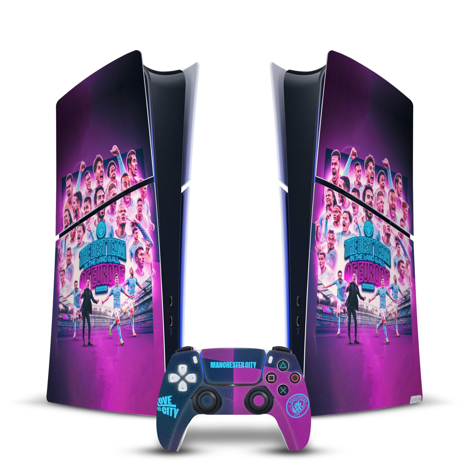 Official Manchester City FC 2023 Champions Vinyl Skin Decal Sticker - Compatible with PS5 Slim Digital Edition Console & DualSense Controller - Perfect for Gaming, Showcasing Team Pride & Customizing Your Setup