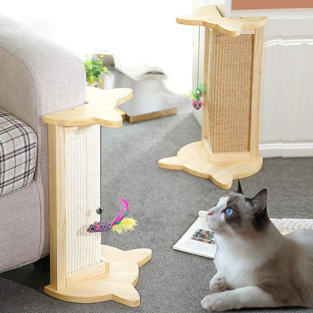 WAYUTO Solid Wood Cat Scratching Post - Sisal Covered Vertical Cat Scratcher for Large Cats, Durable Corner Scratcher with Cat Toys (White, 9.8