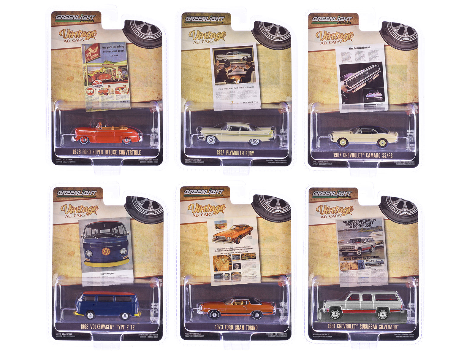 Vintage Ad Cars Set of 6 - Series 10 1/64 Scale Diecast Model Cars by Greenlight - Perfect for Collectors, Display & Gift Giving