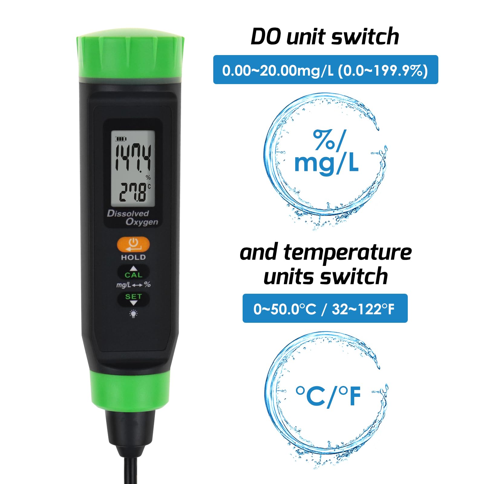 Portable Dissolved Oxygen Meter with ATC & Long Cable - DO Tester Kit with Self-Floating Probe Electrode for Aquariums, Ponds, Hydroponics & Water Quality Testing