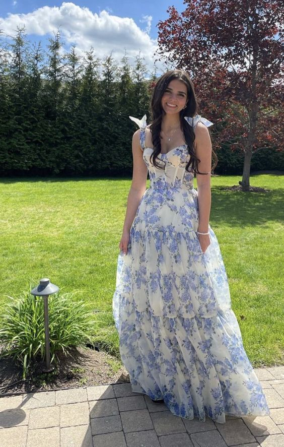 Floral Chiffon A-Line Long Prom Dresses for Women - Elegant Formal Gown for Homecoming, Wedding, and Special Occasions