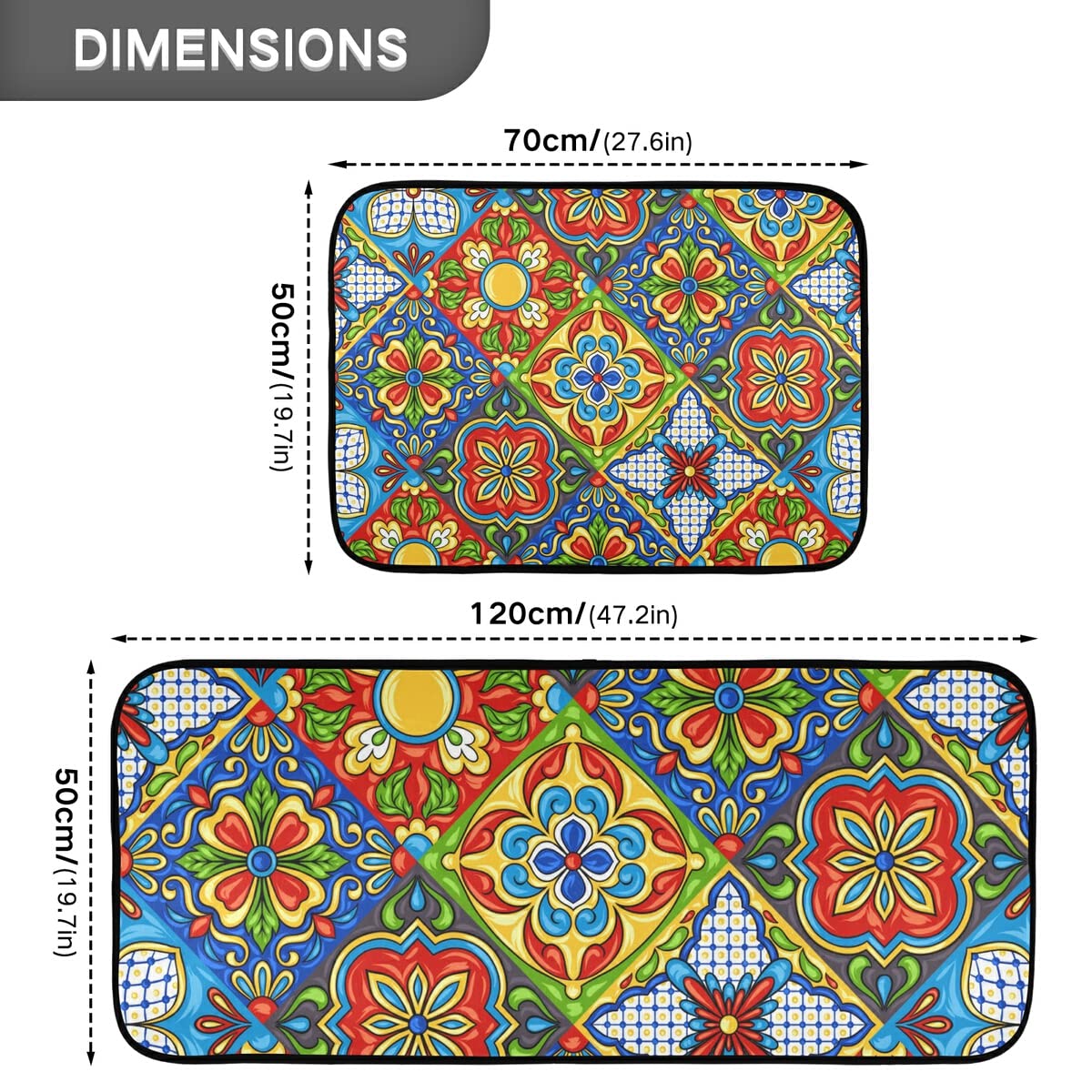 Emelivor Mexican Talavera Tile Non-Slip Kitchen Rugs Set of 2 - Washable Floor Mats for Home, Kitchen & Laundry - Decorative Runner Rug Set with Anti-Skid Backing (Perfect for High-Traffic Areas & Spill-Prone Spaces)