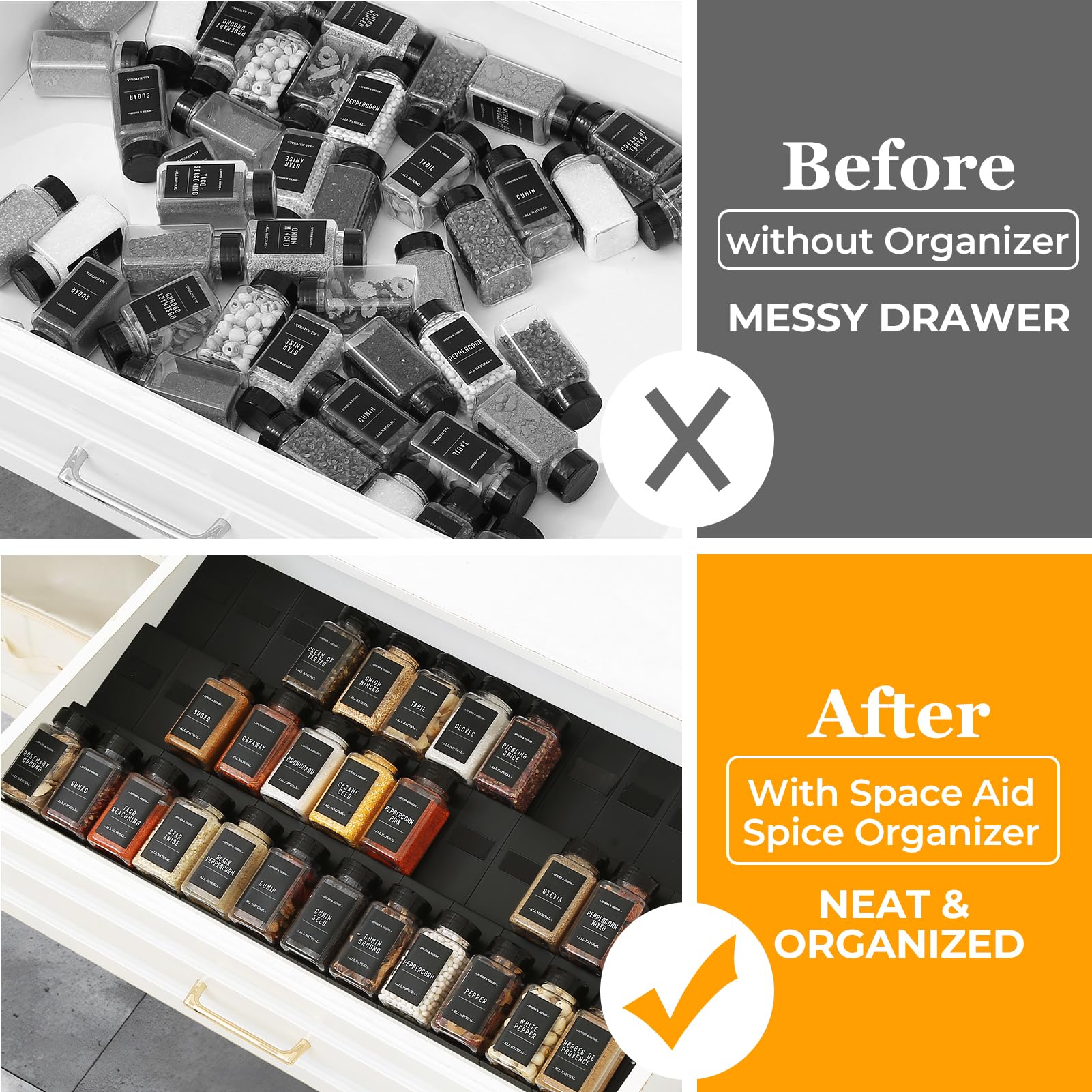 36PCS Expandable Spice Drawer Organizer - Interlocking Kitchen Drawer Tray Insert for Spice Jars & Seasonings | Perfect for Pantry, Cabinet & Countertop Organization