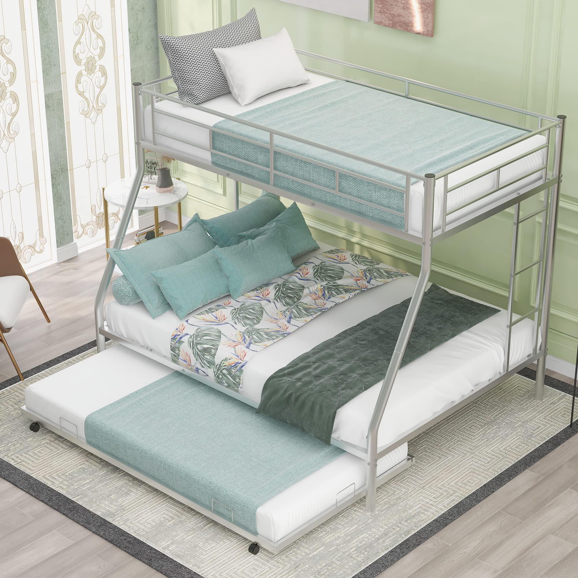 Twin Over Full Bunk Bed with Trundle - Heavy Duty Metal Bunk Bed Frame with 2 Ladders & Safety Guardrail for Kids, Teens & Adults (3 Beds, Silver) - Perfect for Small Bedrooms, Guest Rooms & Vacation Homes
