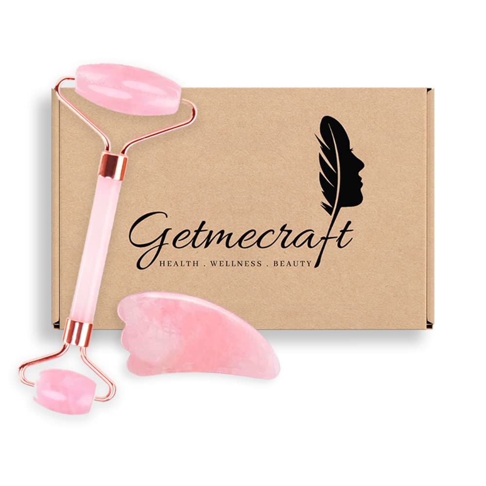 Rose Quartz Roller & Gua Sha Set - Wing Shaped & Mushroom Facial Massage Tools for Anti-Aging, Dark Circles & Puffiness | Natural Skincare Routine for Glowing Skin at Home or Spa