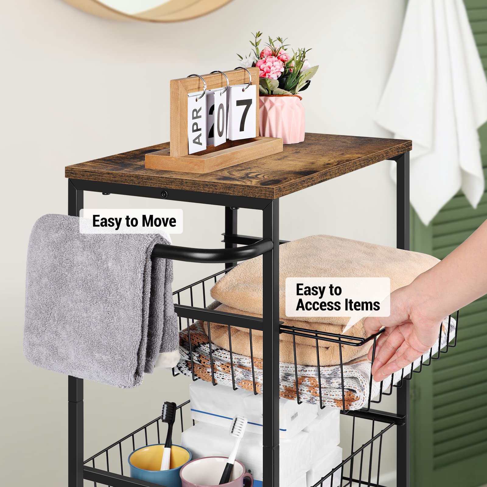 Rolling Kitchen Storage Cart with Wheels & Storage Basket - Slim Microwave Stand Utility Trolley for Kitchen, Bathroom, Living Room, Office & Balcony | Perfect for Small Space Organization & Mobile Storage Solutions