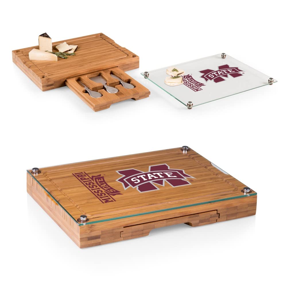 PICNIC TIME NCAA Concerto Glass Top Cheese Board and Knife Set - Bamboo Charcuterie Board with Glass Top Cutting Board for Wine Parties, Cheese Tasting & Entertaining Gifts