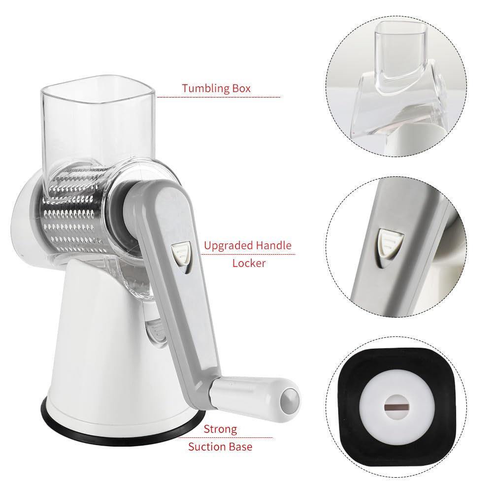 Cambom Rotary Cheese Grater - Hand Crank Cheese Shredder for Fresh Cheese, Vegetables & Nuts - Non-Slip Suction Base with 3 Blades & Free Cleaning Brush - Perfect for Pizza, Pasta, Salads & Baking (White)