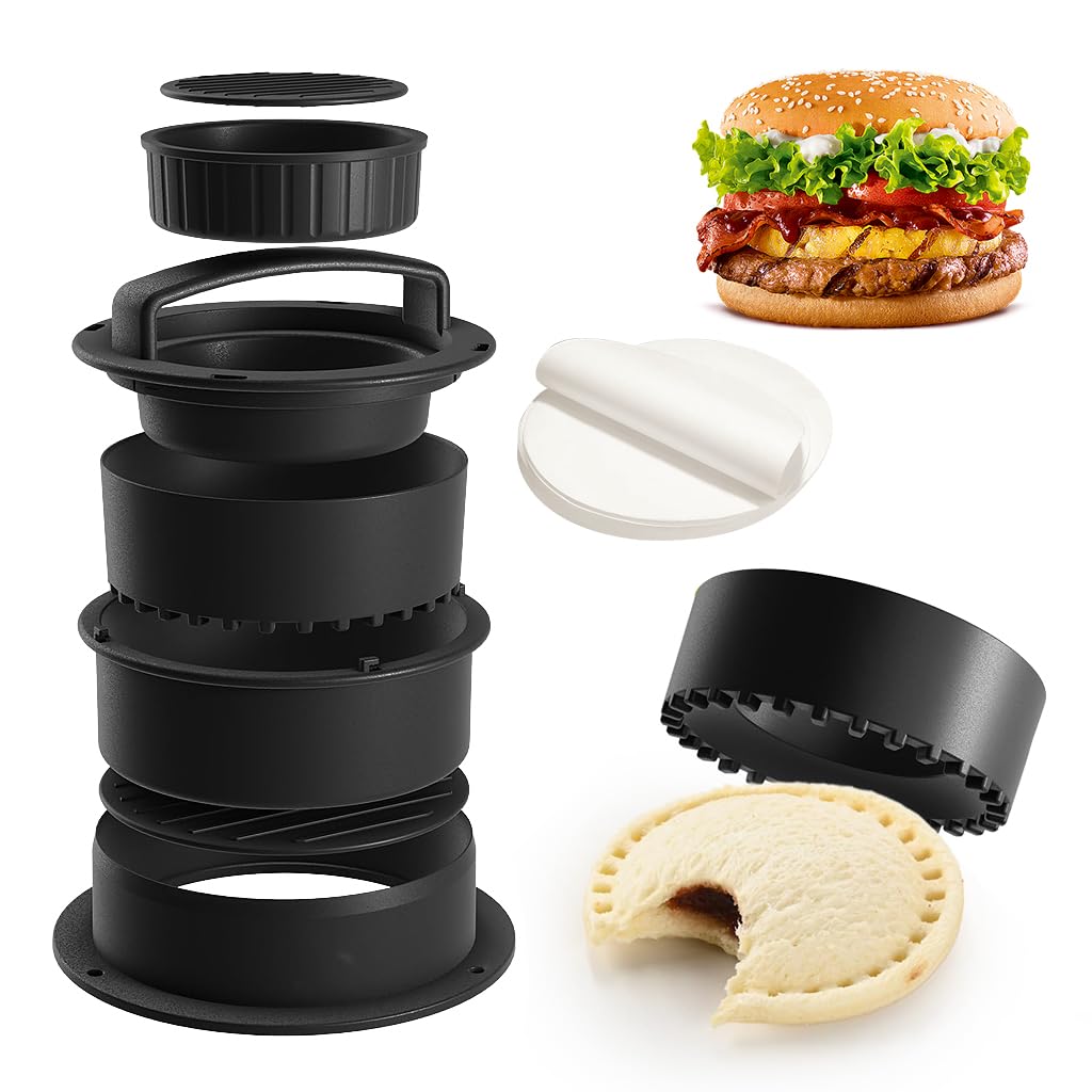 HASTHIP® 4-in-1 Stackable Burger Press Maker - Non-Stick Patty Shaper with 100 Pcs Patty Papers - Perfect for BBQ, Picnics & Home Cooking - Sandwich Sealer & Ring Mold for Uniform Patties