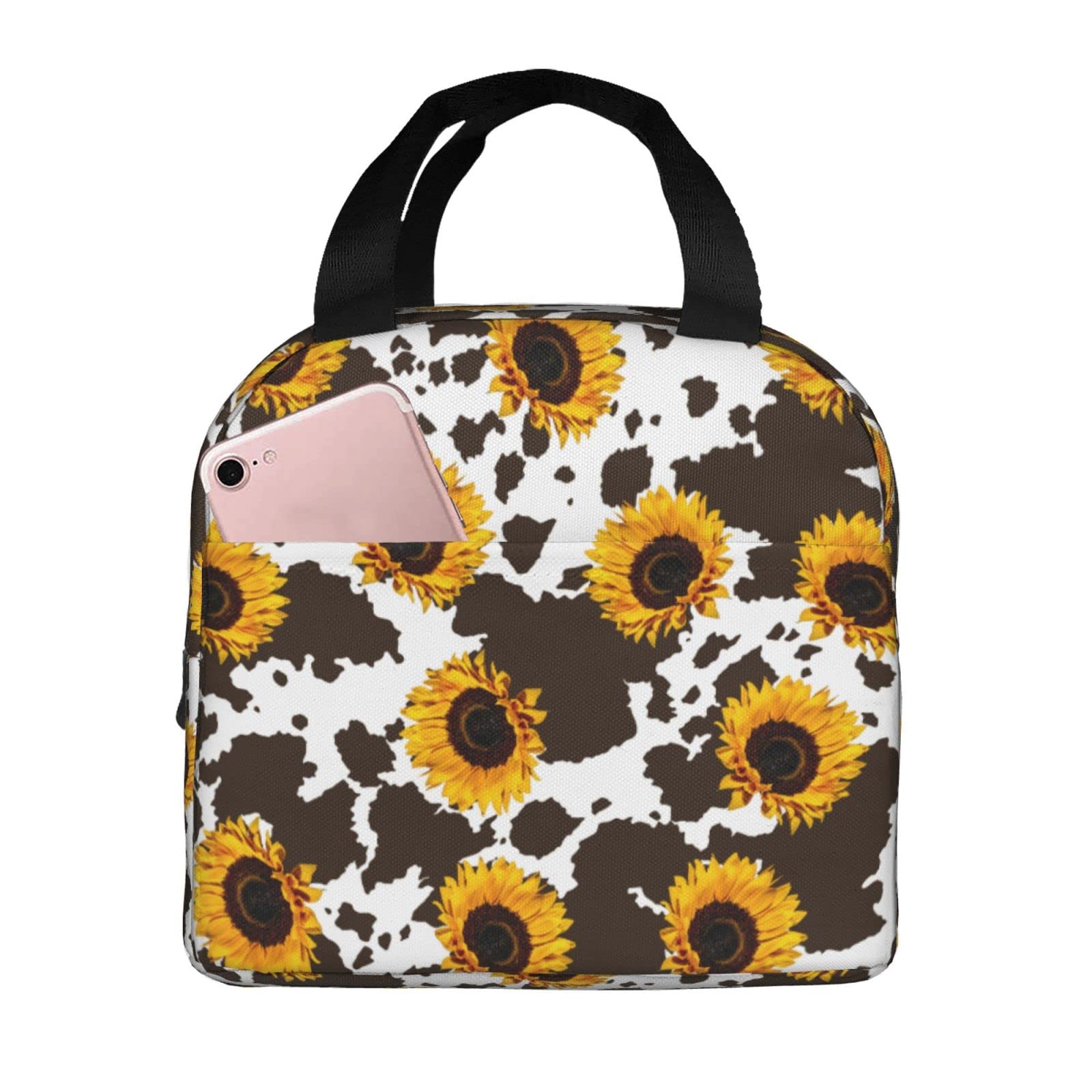 Insulated Sunflower Cow Print Lunch Bag for Women - Reusable Waterproof Cooler Tote for Office, School & Picnic - Eco-Friendly Insulated Lunch Box for Work, Travel & Outdoor Activities
