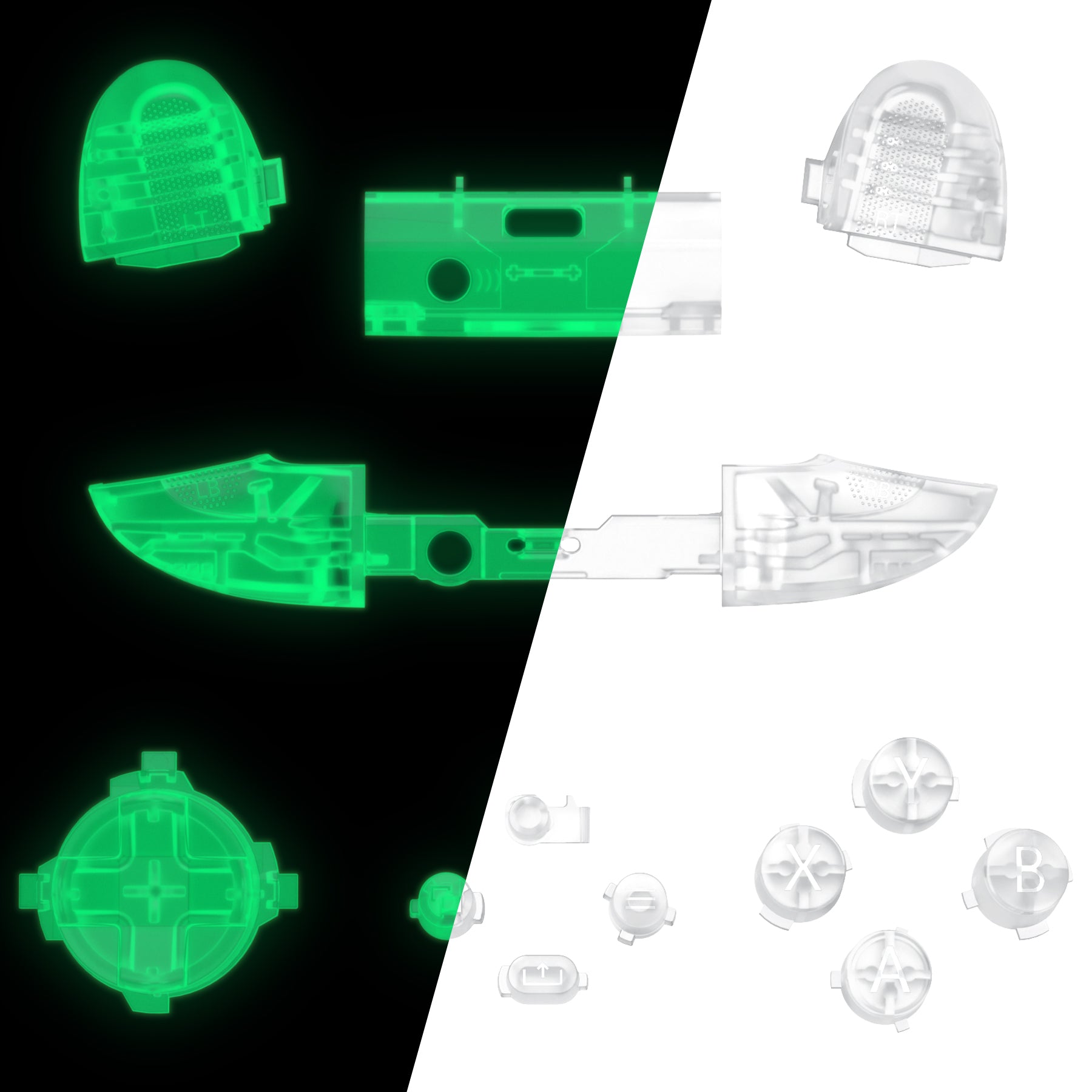 eXtremeRate Glow in Dark Green Replacement Buttons for Xbox Series X/S Controller - LB RB LT RT Bumpers, Triggers, D-Pad, ABXY, Start, Back, Sync & Share Keys | Enhanced Gaming Experience for Night Play & Low Light Conditions