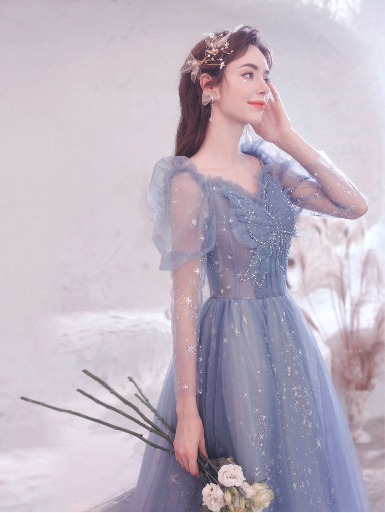 Elegant Blue Tulle Lace Long Prom Dress for Women | Formal Graduation Gown | Perfect for Homecoming, Ball, and Special Occasions