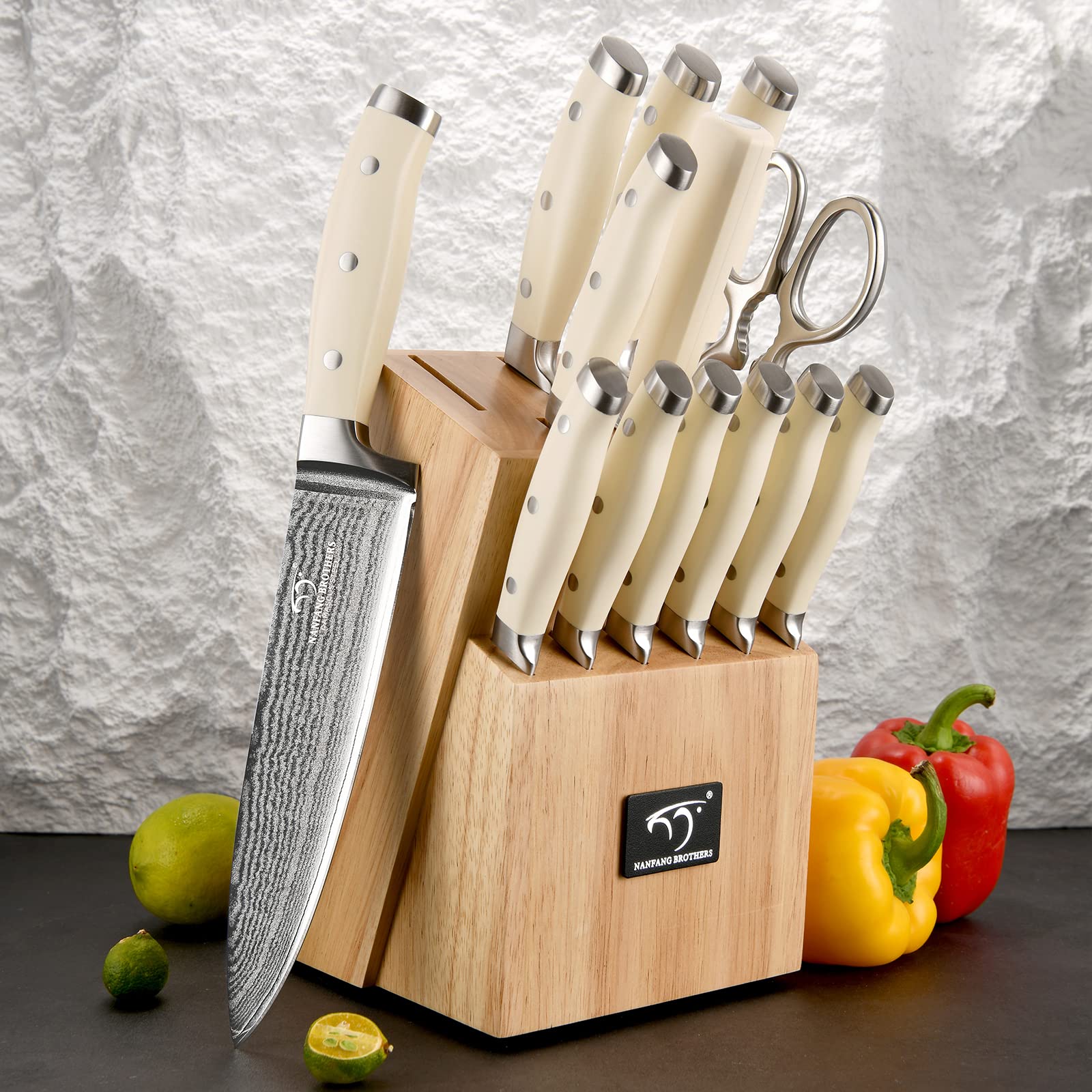 Premium 14-Piece Damascus Steel Knife Set with Wooden Block - Ergonomic ABS Handle, Knife Sharpener & Kitchen Shears - Professional Chef Knives for Chopping, Slicing, Dicing - Perfect for Home Cooking, Restaurant & Gourmet Food Preparation