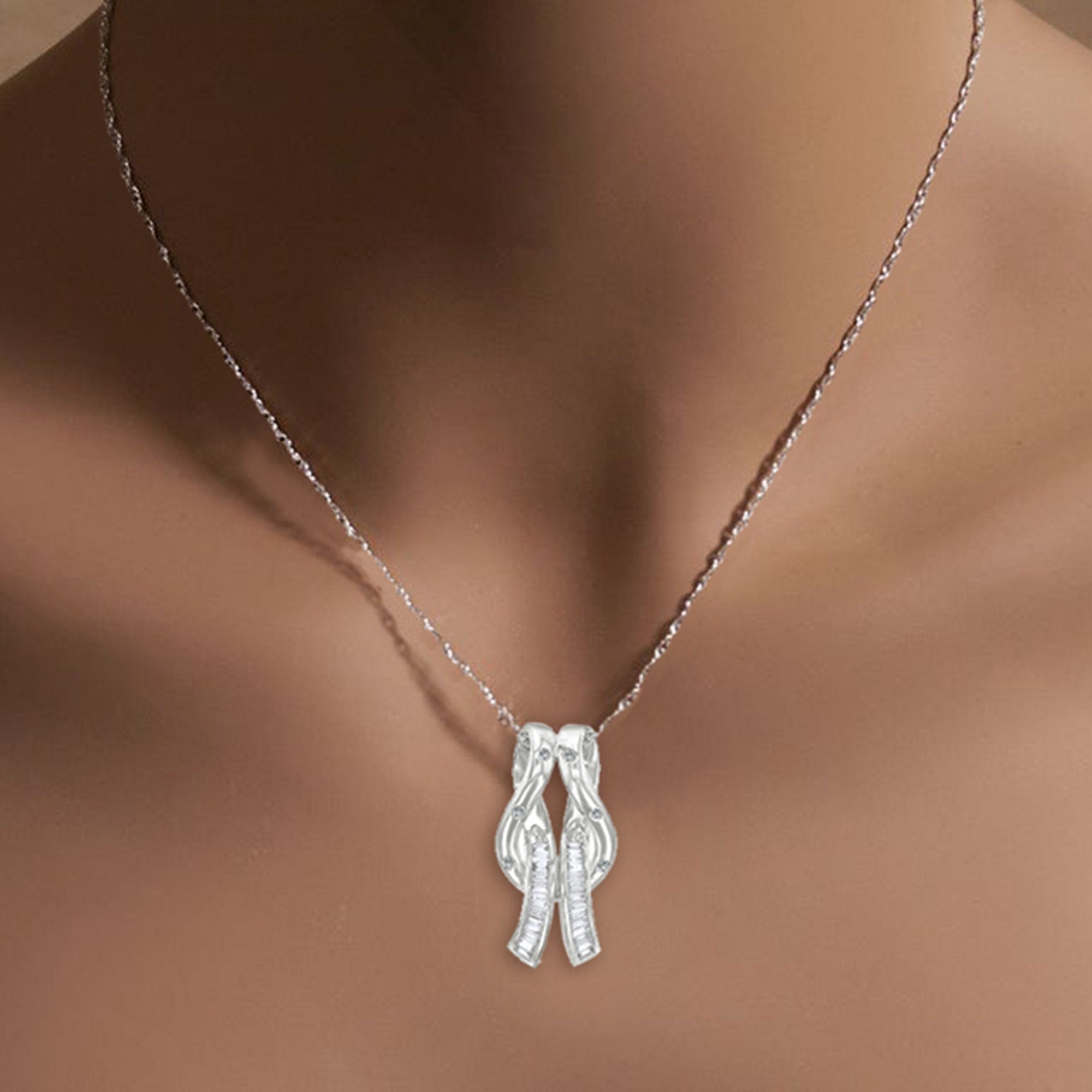 14K White Gold Baguette Diamond Ribbon Pendant Necklace - 0.48cttw Elegant Jewelry Gift for Women, Perfect for Anniversaries, Weddings & Special Occasions