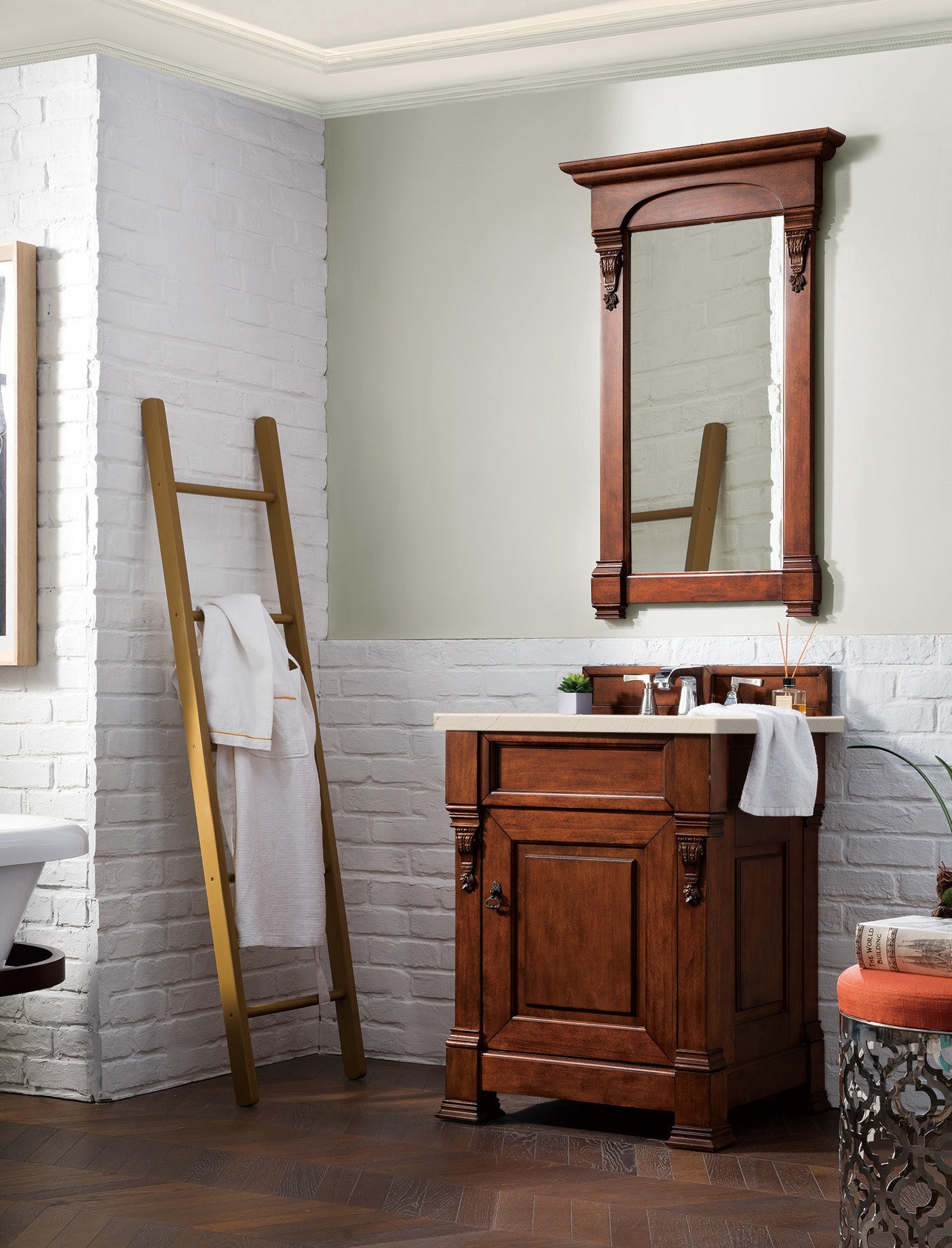 Brookfield 26 Inch Single Bathroom Vanity with Warm Cherry Finish & 3CM Eternal Marfil Quartz Countertop - Perfect for Small Bathrooms, Powder Rooms & Modern Home Renovations