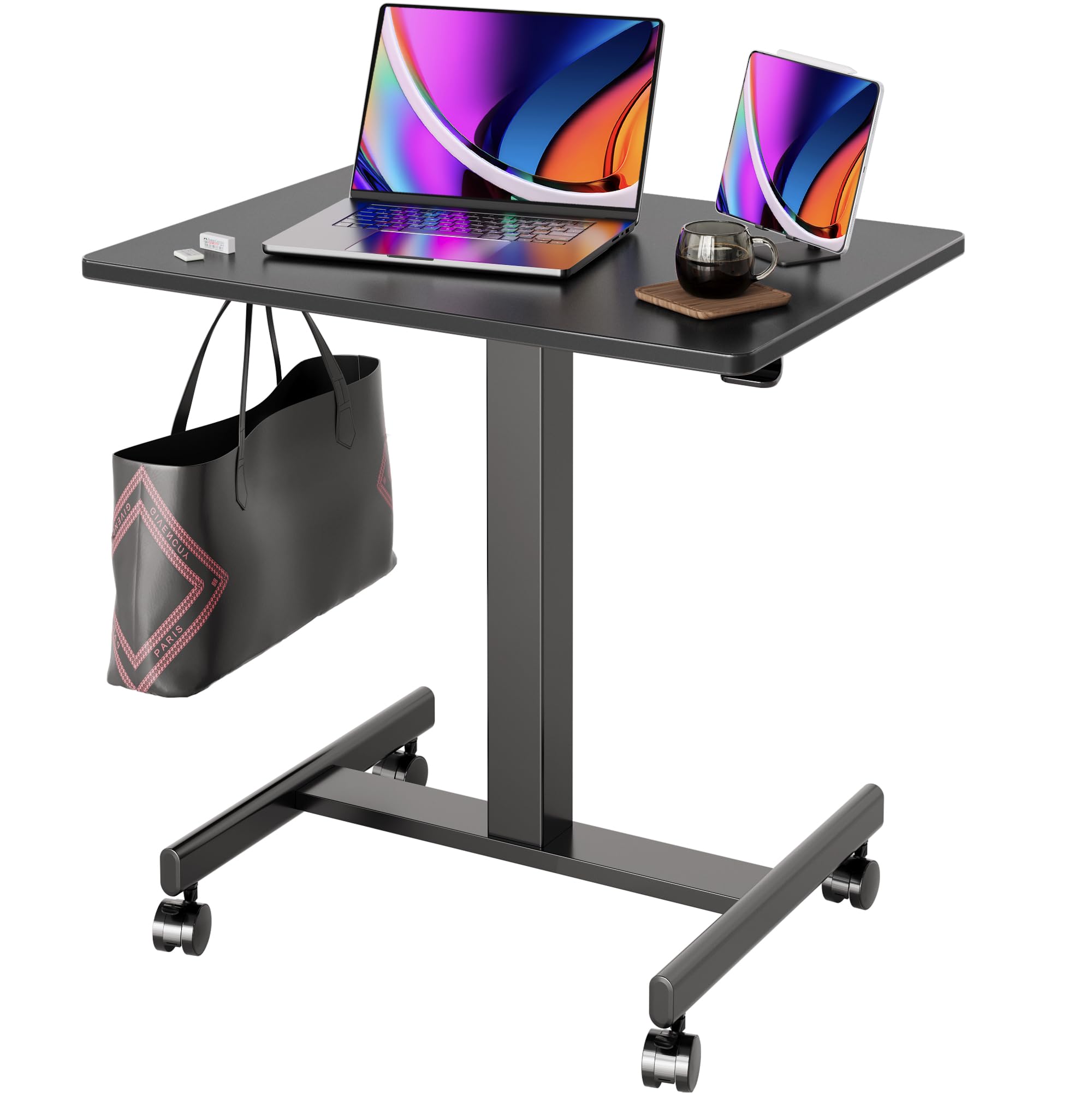 Claiks Adjustable Mobile Standing Desk with Wheels - Compact Rolling Workstation for Home Office, Pneumatic Height Laptop Desk with Hook (Black) - Perfect for Small Spaces, Remote Work & Ergonomic Workspaces