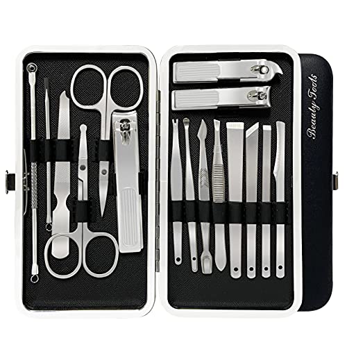 Jeejunye Professional 16-in-1 Manicure & Pedicure Kit - Stainless Steel Nail Clippers Set with Leather Travel Case - Perfect Gift for Nail Care & Grooming (Black) - Ideal for Home, Salon, Travel & Spa Use