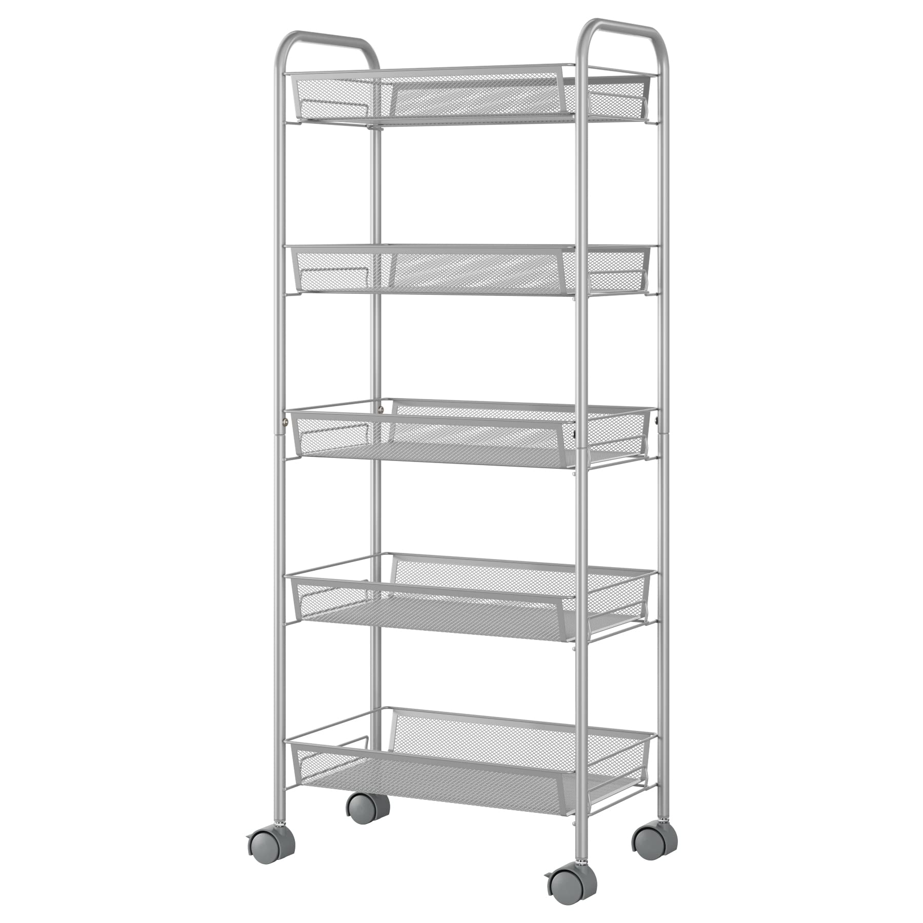 SOMY 5-Tier Mesh Rolling Storage Cart with Lockable Wheels & Removable Baskets - Multifunctional Organizer for Kitchen, Bathroom, Bedroom - 4 Free Casters, Silver (11D x 18.7W x 41.4H Inches) - Perfect for Home Organization, Pantry Storage & Small Space Living