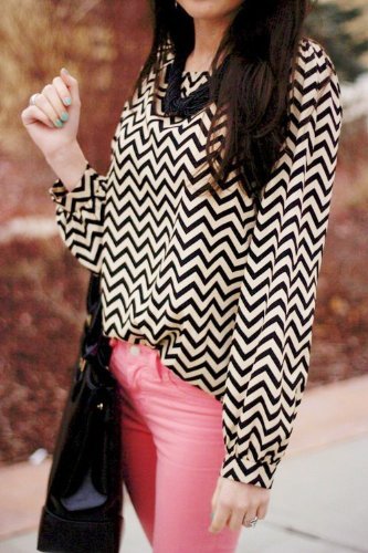 Stylish Women's Chevron Print Scoop Neck Long Sleeve Blouse - Perfect for Office Wear, Casual Outings & Date Nights