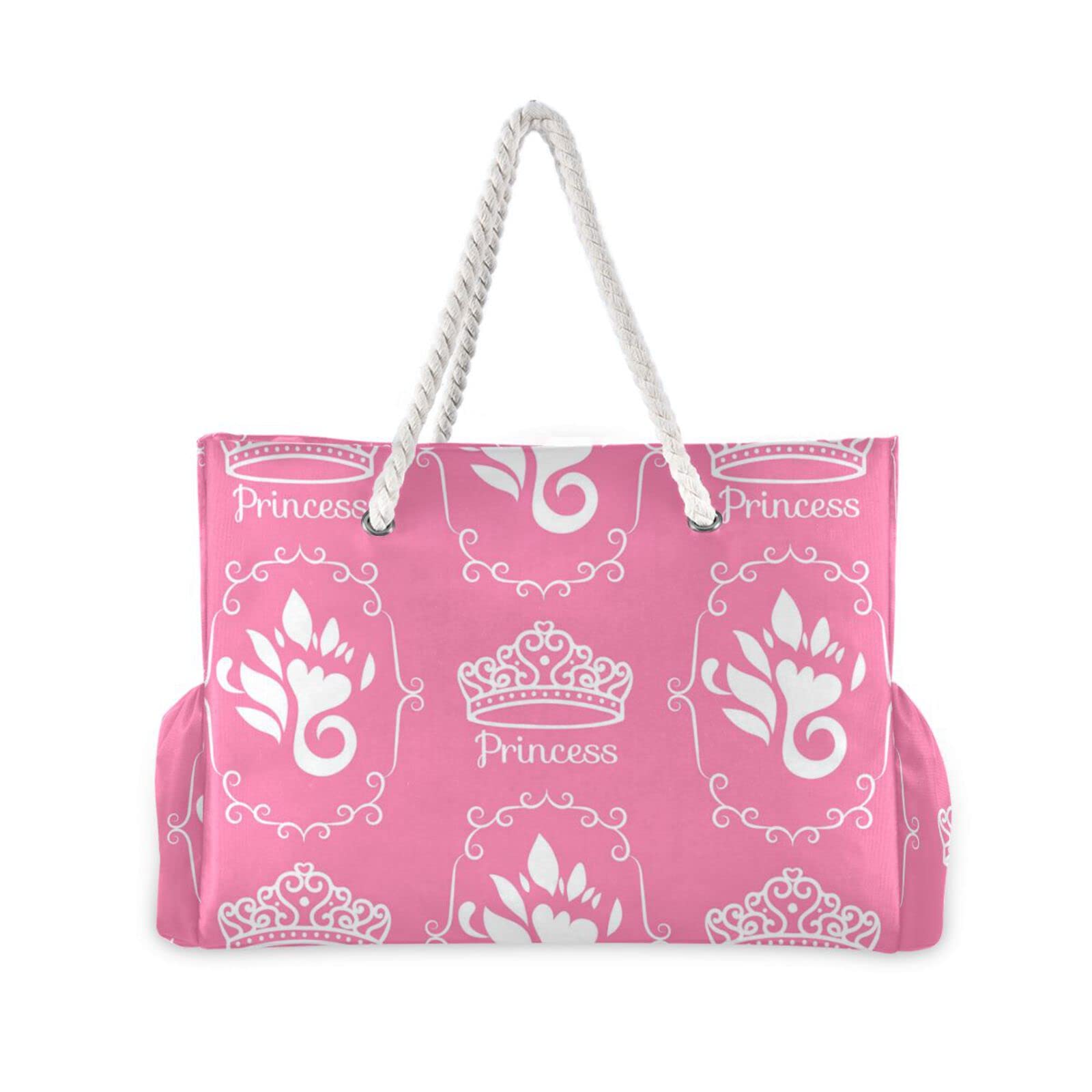 Pink Princess Crown Beach Bag - Large Waterproof Travel Tote Bag with Zipper for Women & Girls | Perfect for Pool, Beach Vacation & Summer Outings