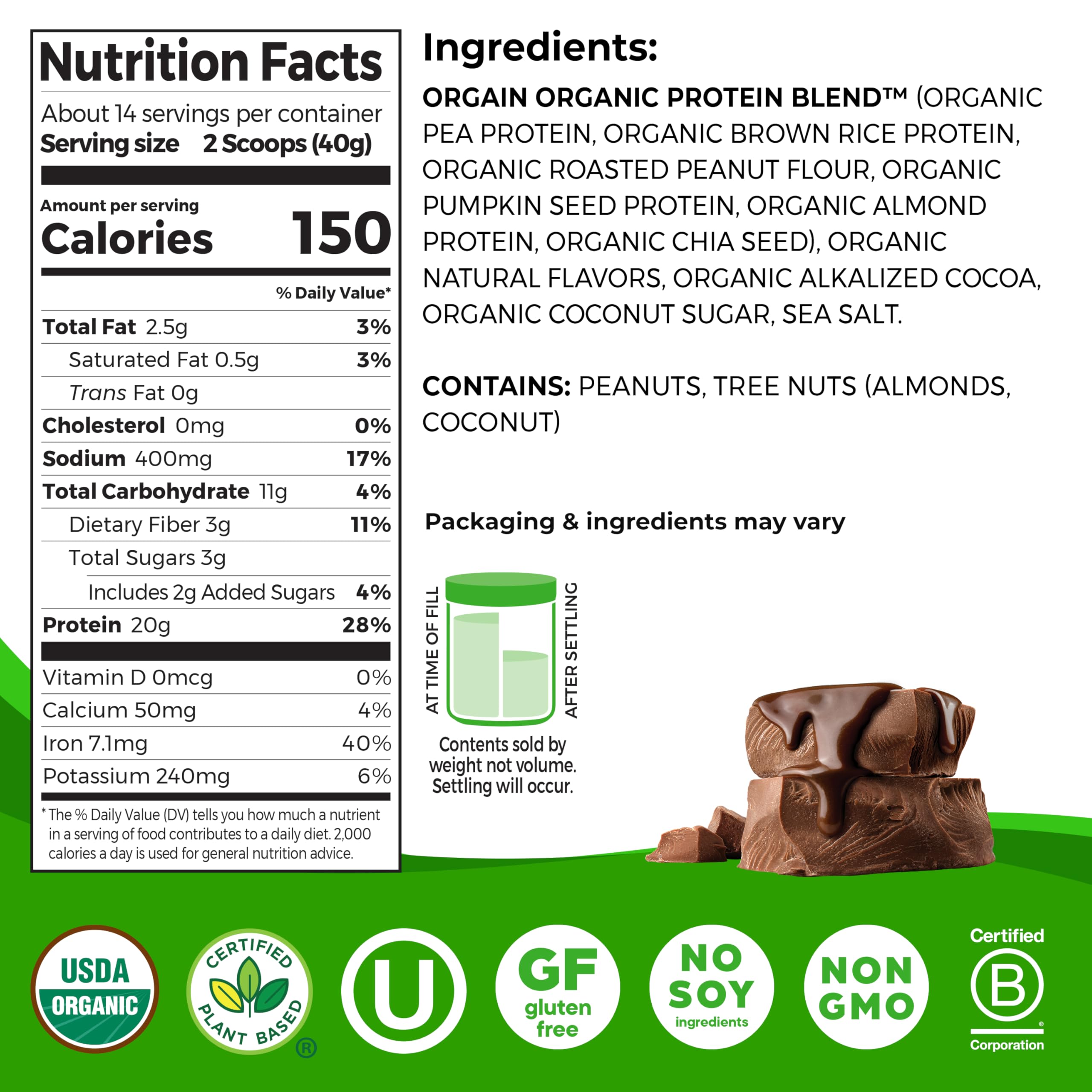 Orgain Organic Simple Vegan Protein Powder, Chocolate Flavor - 20g Plant-Based Protein Powder, Gluten Free, Dairy Free, No Artificial Sweeteners, 1.25 lb (Packaging May Vary) | Ideal for Smoothies, Baking & Post-Workout Recovery
