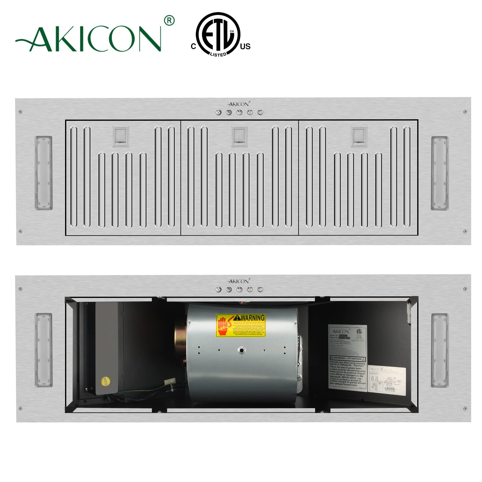 Akicon 36 Inch Stainless Steel Range Hood Insert - Ultra Quiet 600 CFM Ducted Kitchen Vent Hood with Powerful Suction, 3-Speed Settings, LED Lights & Dishwasher Safe Filters - Perfect for Built-In Kitchen Ventilation & Smoke Removal