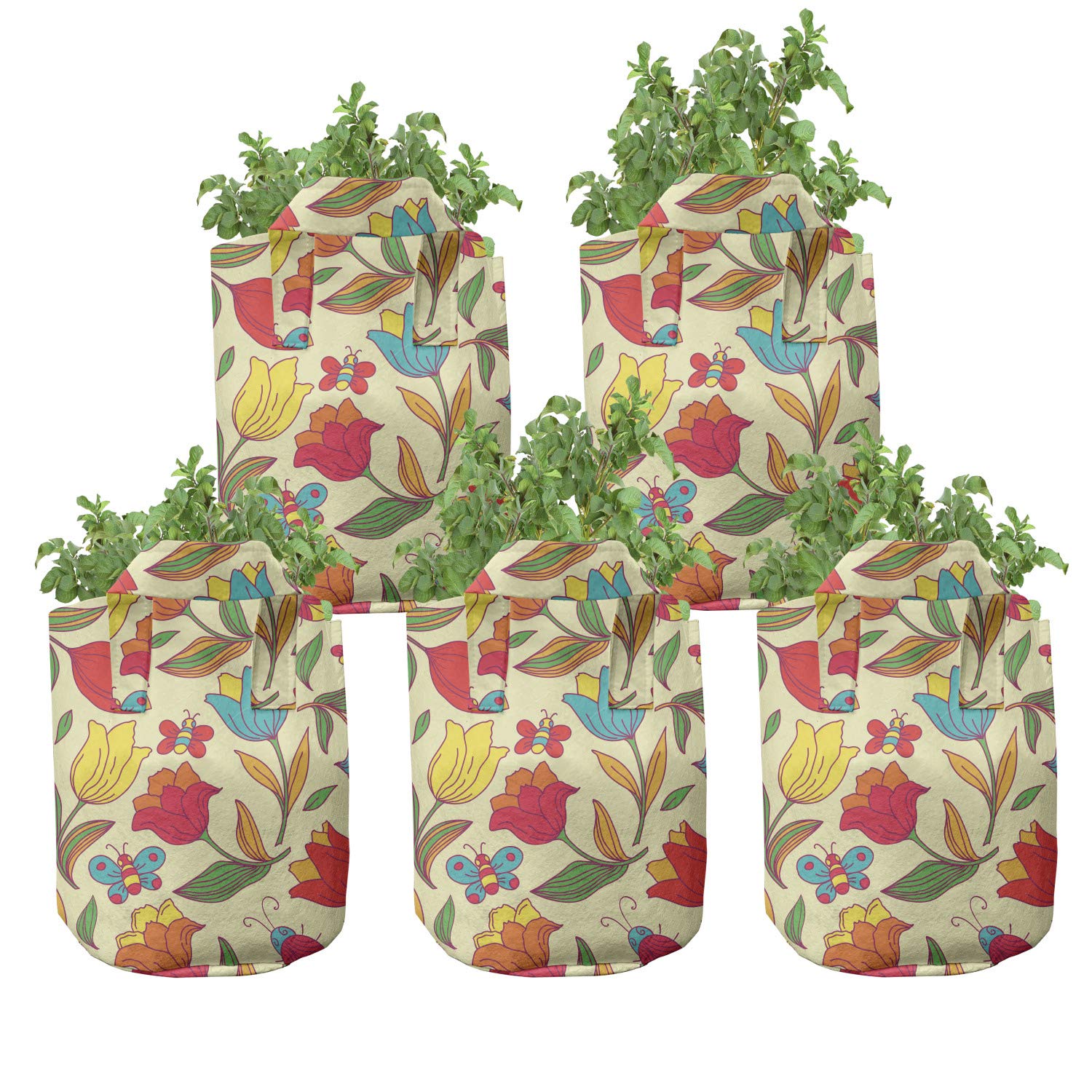 Ambesonne 5-Pack Butterfly Grow Bags - Heavy Duty Fabric Plant Pots with Handles, Abstract Exotic Wings Design in Pink - Perfect for Indoor/Outdoor Gardening, Herbs, Vegetables & Flower Planting