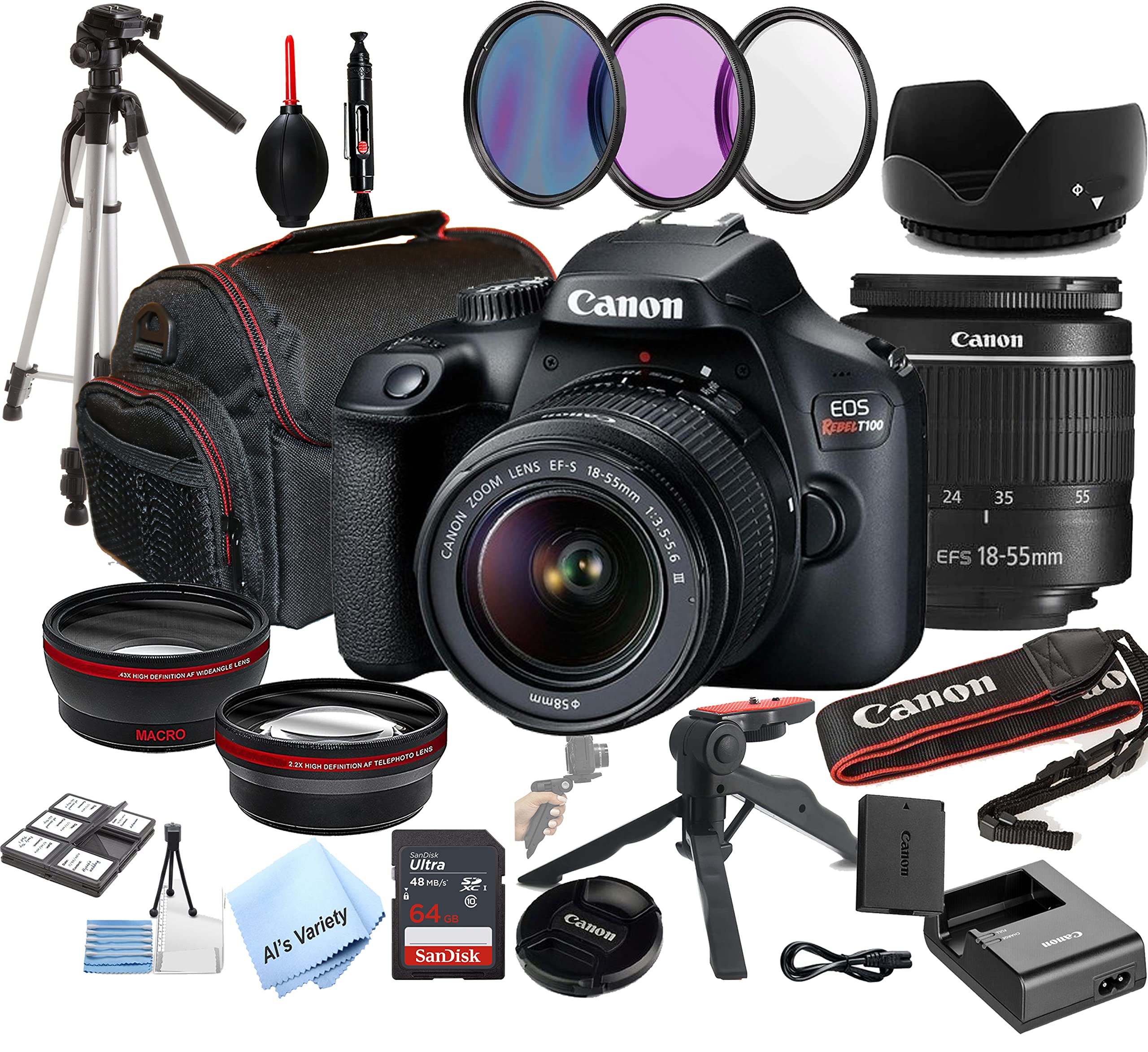 Canon EOS Rebel T100 DSLR Camera Bundle with EF-S 18-55mm Lens, 64GB Memory, Case, Tripod & 28pc Accessories Kit (Renewed) - Perfect for Beginners, Travel Photography & Vlogging