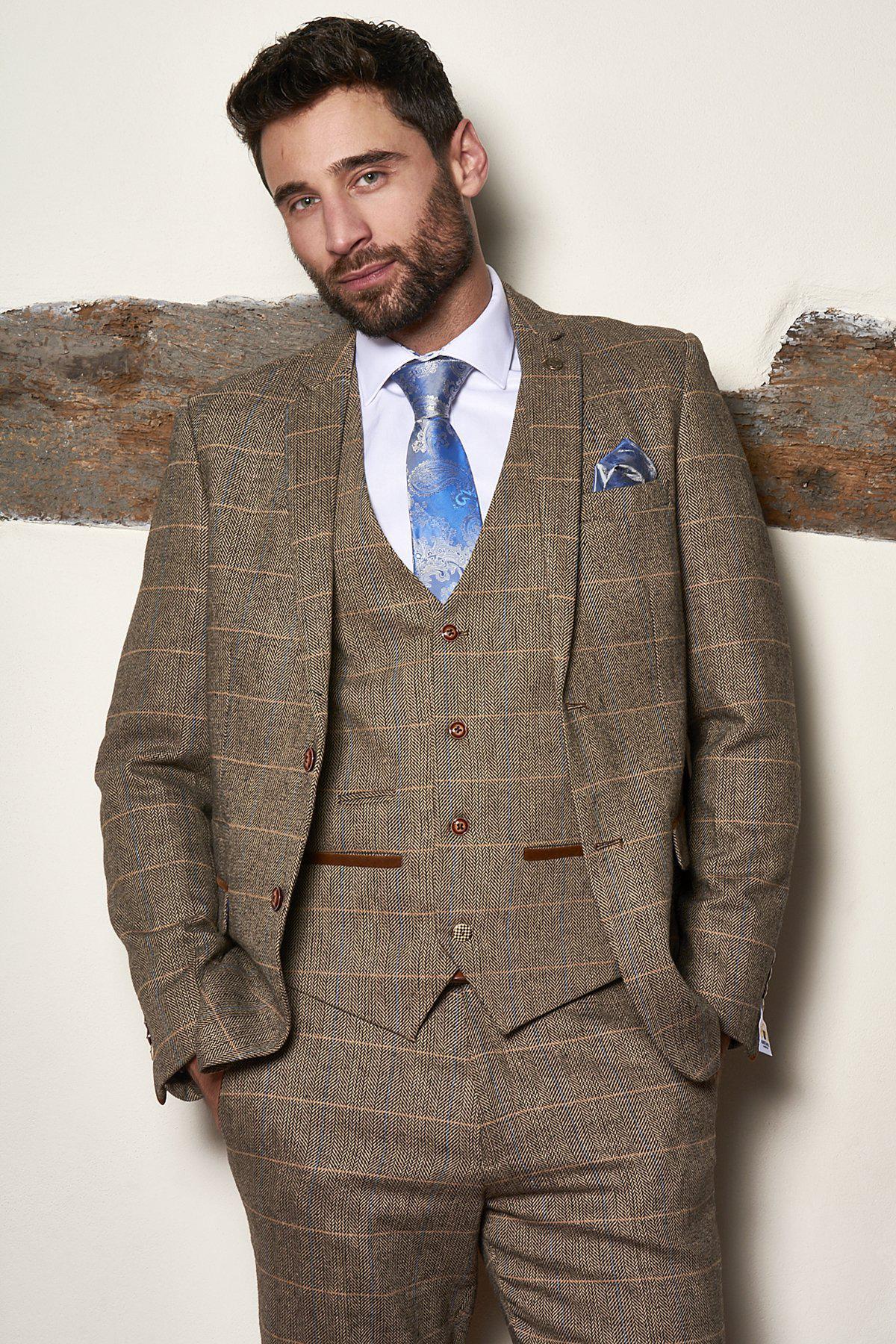 Stylish Men's TED Tan Tweed Check Three-Piece Suit Set - Perfect for Father & Son Matching Outfits, Weddings, and Formal Events
