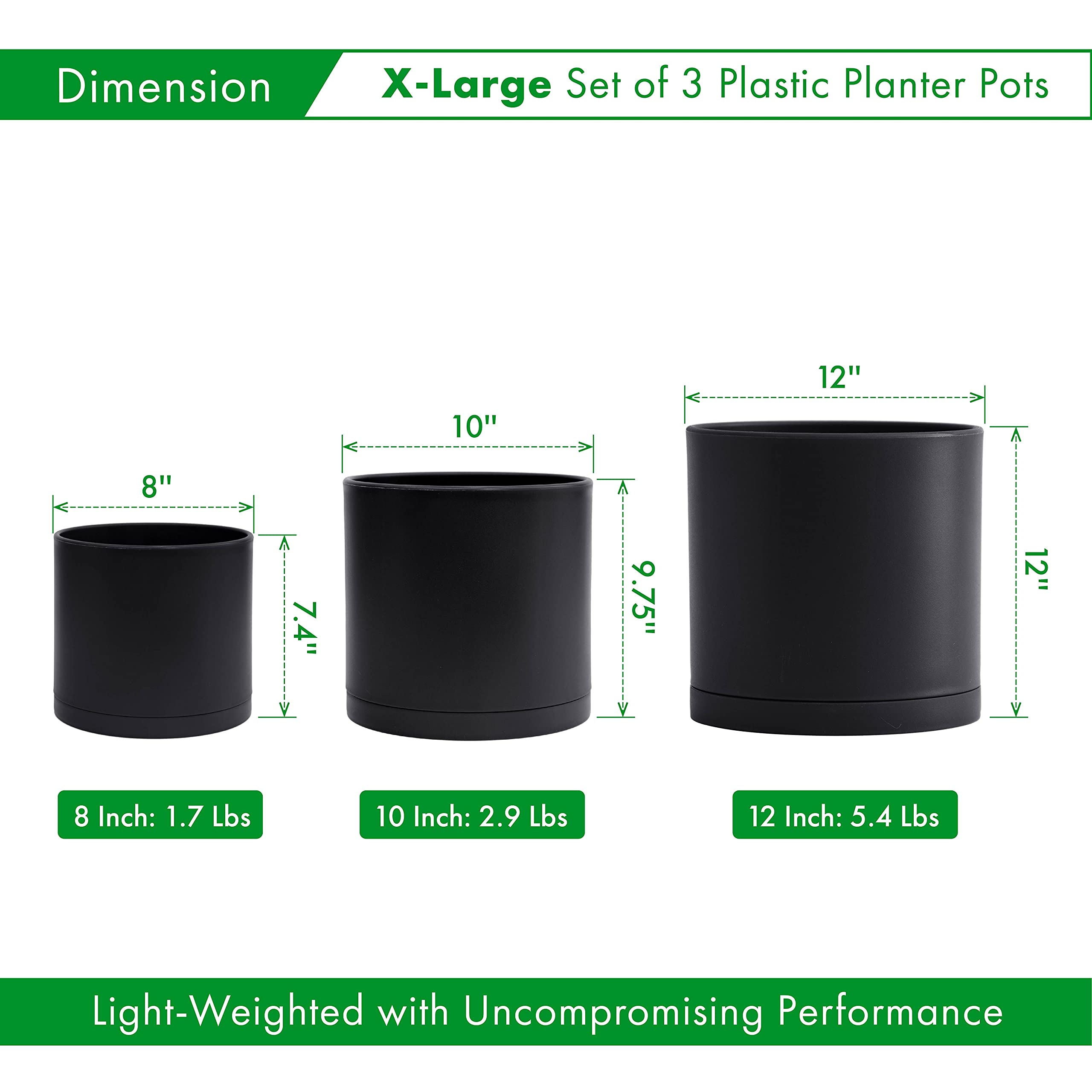 D'vine Dev 8/10/12 Inch Plastic Plant Pots with Drainage Holes & Saucers - Set of 3 Black Large Flower Planters for Indoor Outdoor Home Garden Decor | Perfect for Succulents, Herbs, and Houseplants