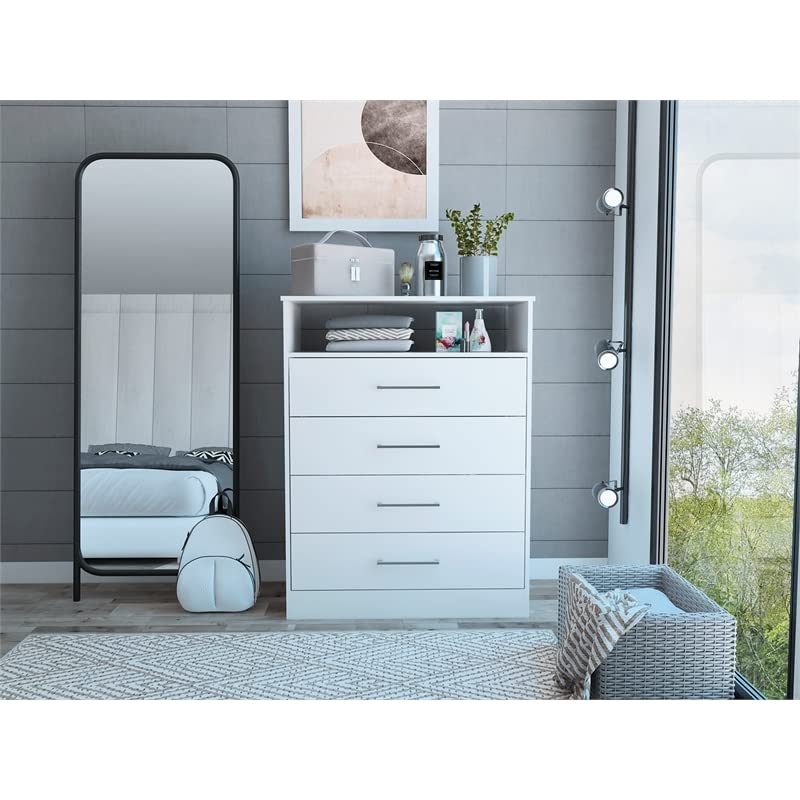 FM FURNITURE Athens 4-Drawer Dresser with Open Shelf - White Wooden TV Stand for Bedroom & Living Room (Holds TVs up to 47