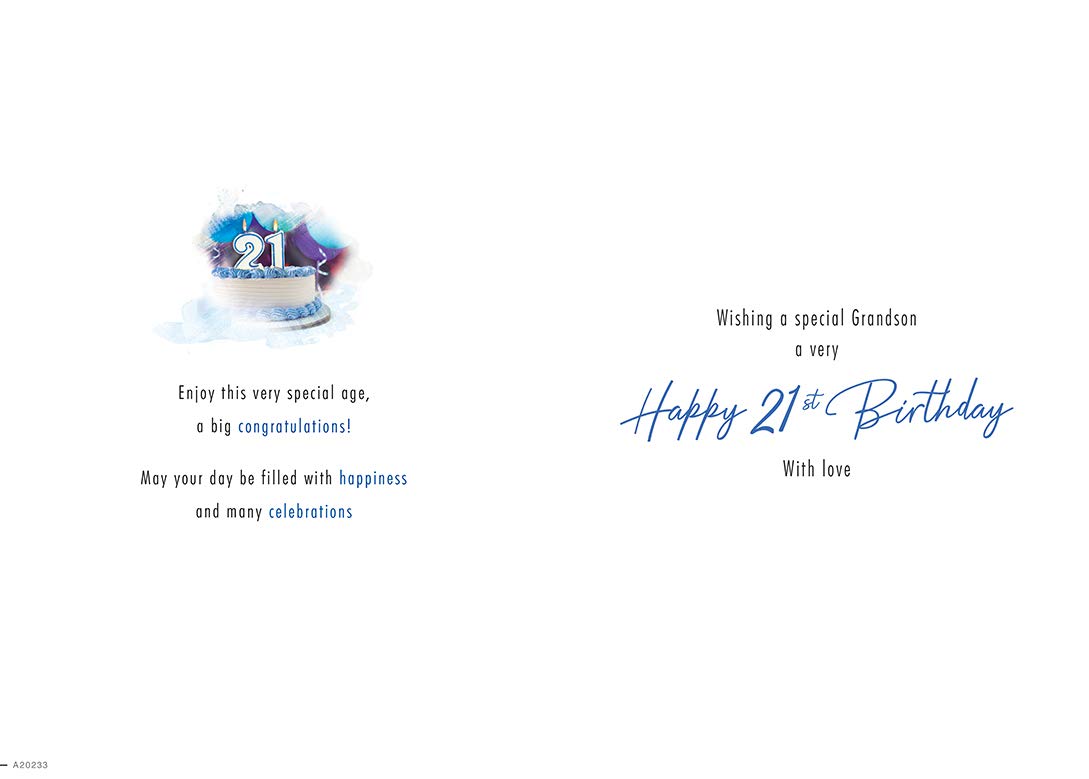 21st Birthday Card for Grandson - Traditional Milestone Greeting Card (9x6 inches, White & Grey) - Perfect for Celebrating Special Moments & Gifts