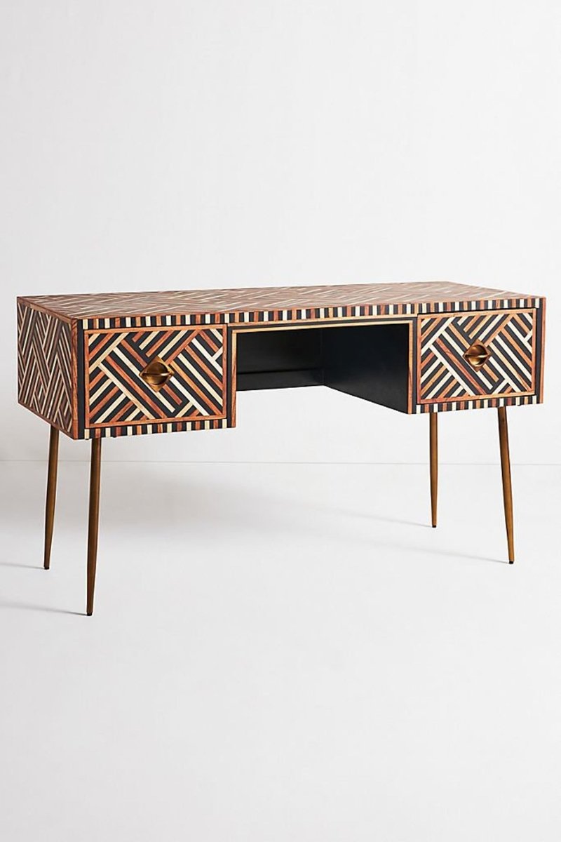 Handmade Brown Optical Bone Inlay Writing Desk with 2 Drawers - Vintage Home Office Furniture for Laptop Work, Study & Crafting
