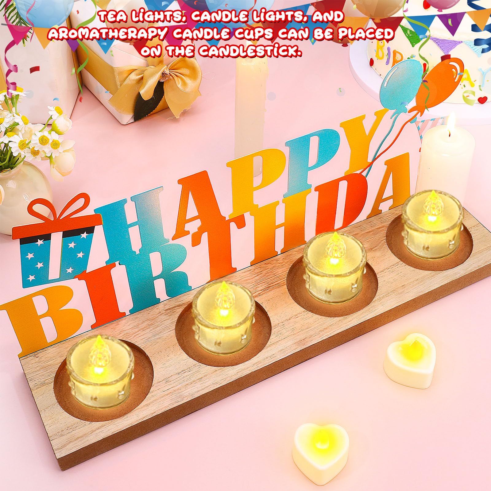 Happy Birthday Candle Holder Set - Tealight Votive Candle Holders with Metal Sign & Wooden Base Tray - Elegant Table Decor for Birthday Parties, Home Decor, Indoor Shelves - Perfect for Celebrations, Dinner Parties & Gift Giving