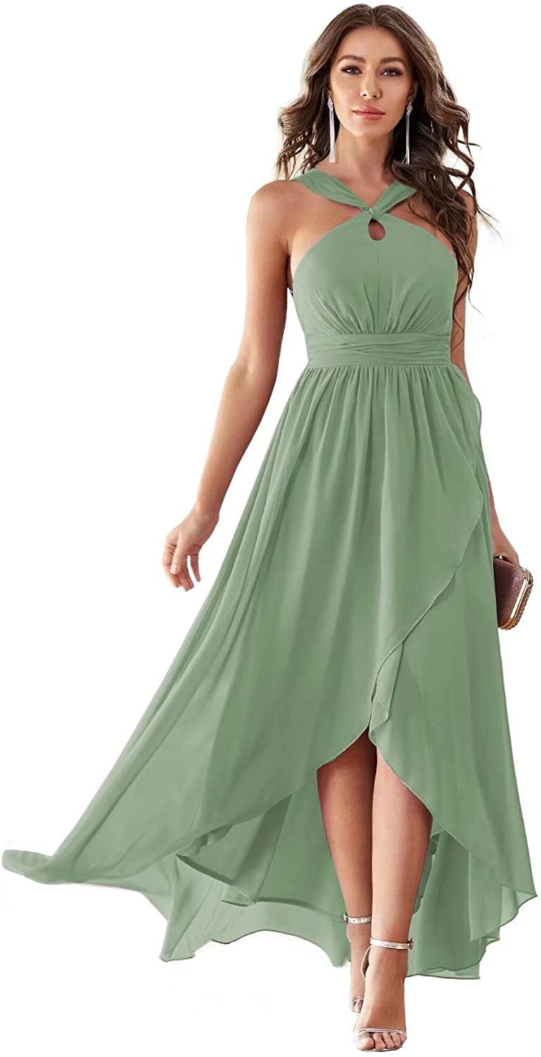 Elegant Women's Halter Bridesmaid Dress with Ruffle Pleats & Pockets - High Low Evening Gown for Summer Beach Party, Wedding, Prom & Special Occasions